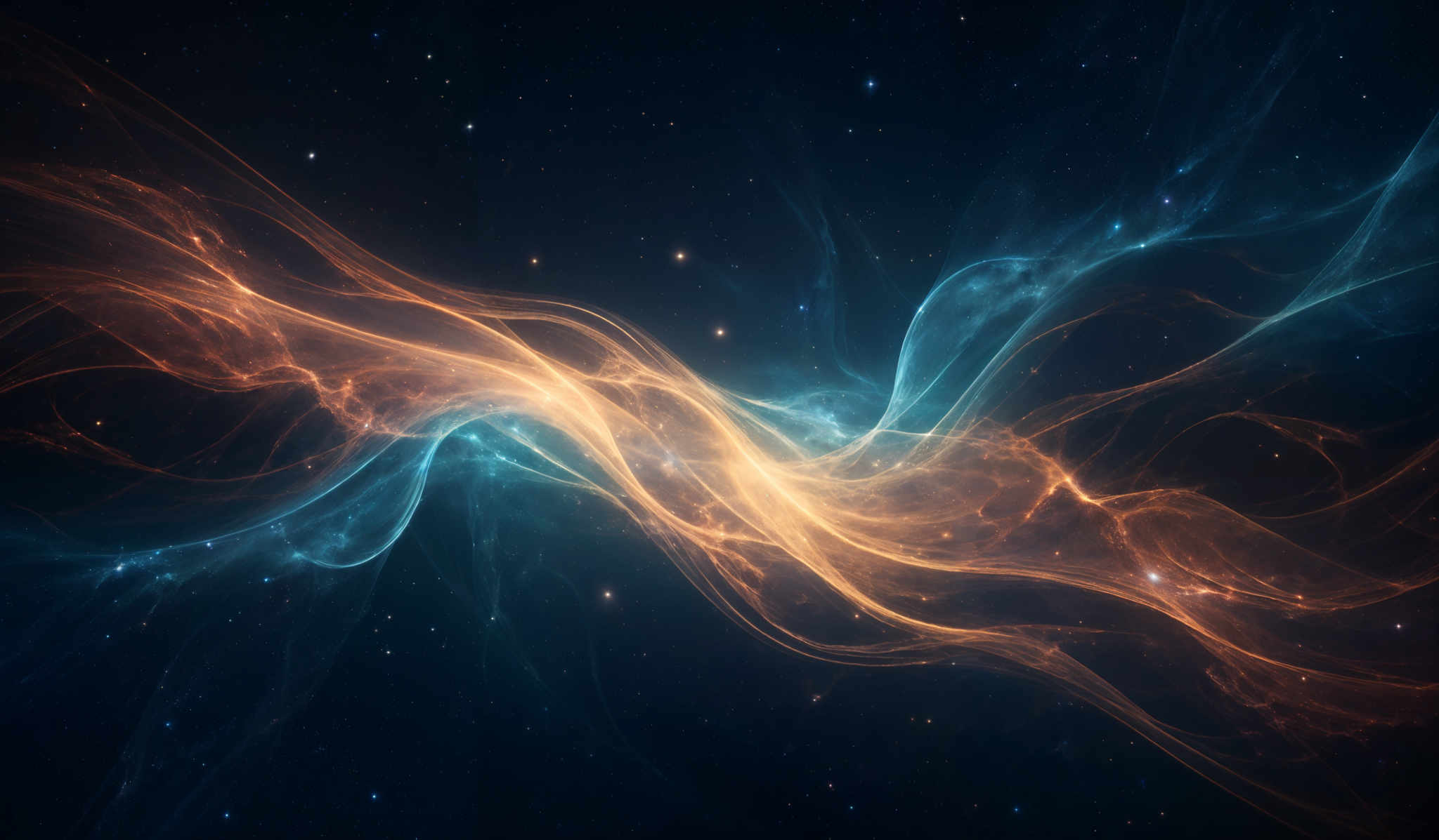 The image showcases a mesmerizing interplay of vibrant colors. Dominating the scene are swirling patterns of fiery orange and deep blue, reminiscent of cosmic energy or nebulae. These patterns seem to intertwine and overlap, creating a dynamic and fluid motion. The background is a deep, starry expanse, adding to the sense of vastness and mystery. The overall effect is both awe-inspiring and ethereal, evoking feelings of wonder about the universe.