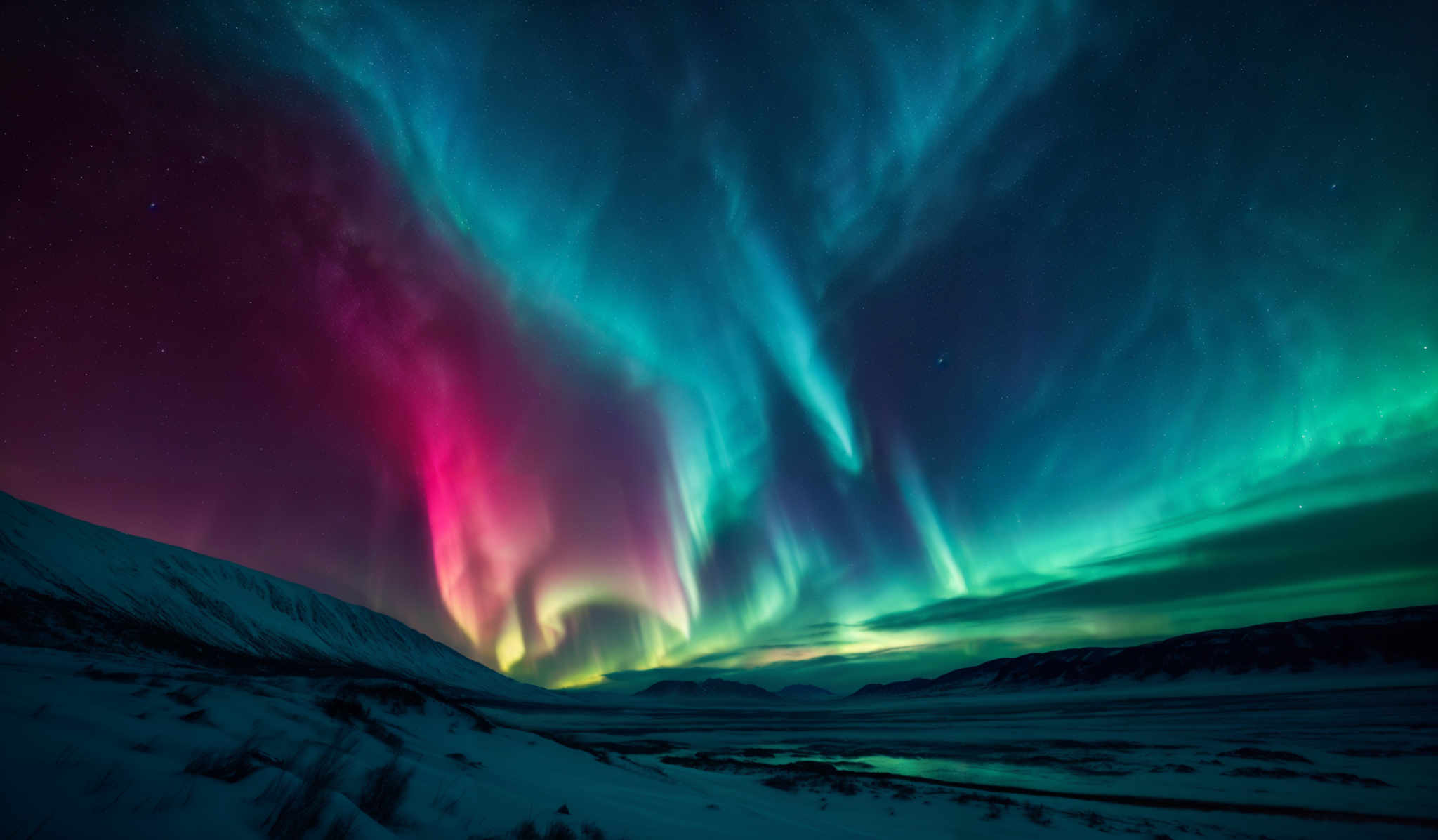 The image showcases a breathtaking view of the Northern Lights, also known as the Aurora Borealis. The colors range from deep reds and purples to vibrant greens and blues. The shape of the lights is wavy and flowing, creating an ethereal and mesmerizing effect. The landscape below is snow-covered, with undulating hills and a serene body of water reflecting the lights. The sky is dotted with stars, adding to the overall beauty and mystique of the scene.