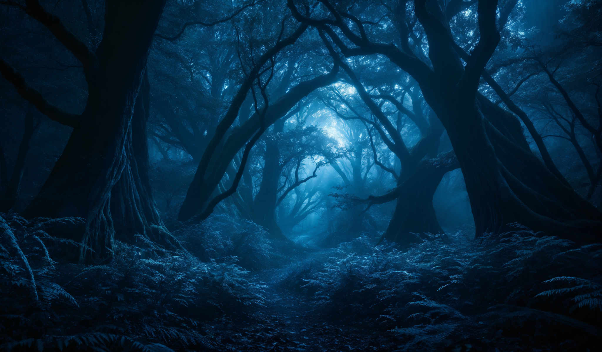 The image showcases a dense, mystical forest. The dominant colors are various shades of blue, creating a serene and ethereal atmosphere. The trees have gnarled and twisted trunks, suggesting age and the passage of time. The forest floor is covered with ferns and other undergrowth, adding to the sense of depth and mystery. The play of light and shadow, combined with the misty ambiance, gives the forest a dreamlike quality.