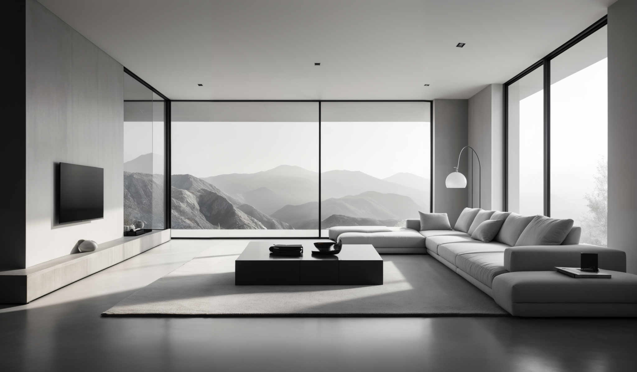 The image showcases a modern, minimalist living room. The dominant colors are shades of gray and white. The room features a large, rectangular window that offers a panoramic view of a mountainous landscape. Inside, there's a white, L-shaped sofa placed in front of a black, square coffee table. Above the table, there are two pendant lights with a white shade. On the left side of the room, there is a wall-mounted television set. The floor is smooth and appears to be made of polished concrete or a similar material.