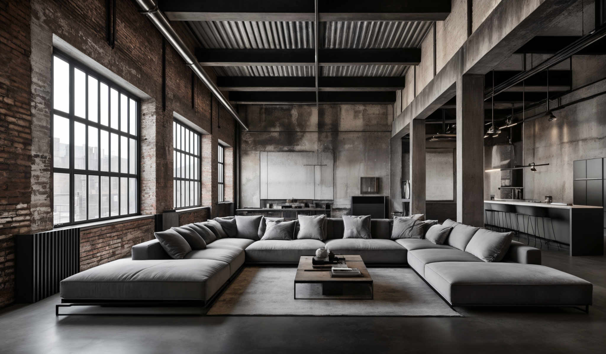 The image showcases an interior space with a predominantly industrial design. The color palette consists of neutral tones like grays, blacks, and whites. The space features large windows with black frames, allowing ample natural light to flood in. The walls are made of exposed brick and concrete, giving it an urban, raw feel. There's a large, L-shaped gray sofa in the center, complemented by a wooden coffee table in front of it. The kitchen area is visible in the background, equipped with modern appliances and a sleek design.