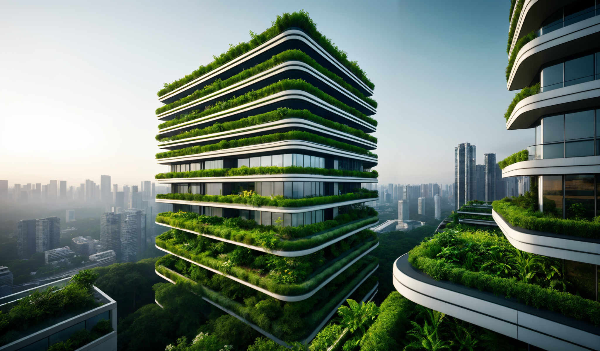 The image showcases a modern architectural design with multiple stacked terraces filled with greenery. The buildings have a cylindrical shape with balconies that resemble terraced gardens. The color palette is dominated by various shades of green from the plants, complemented by the neutral tones of the buildings, such as grays and whites. The skyline in the background is dotted with other skyscrapers, and there's a misty ambiance, suggesting early morning or late afternoon.