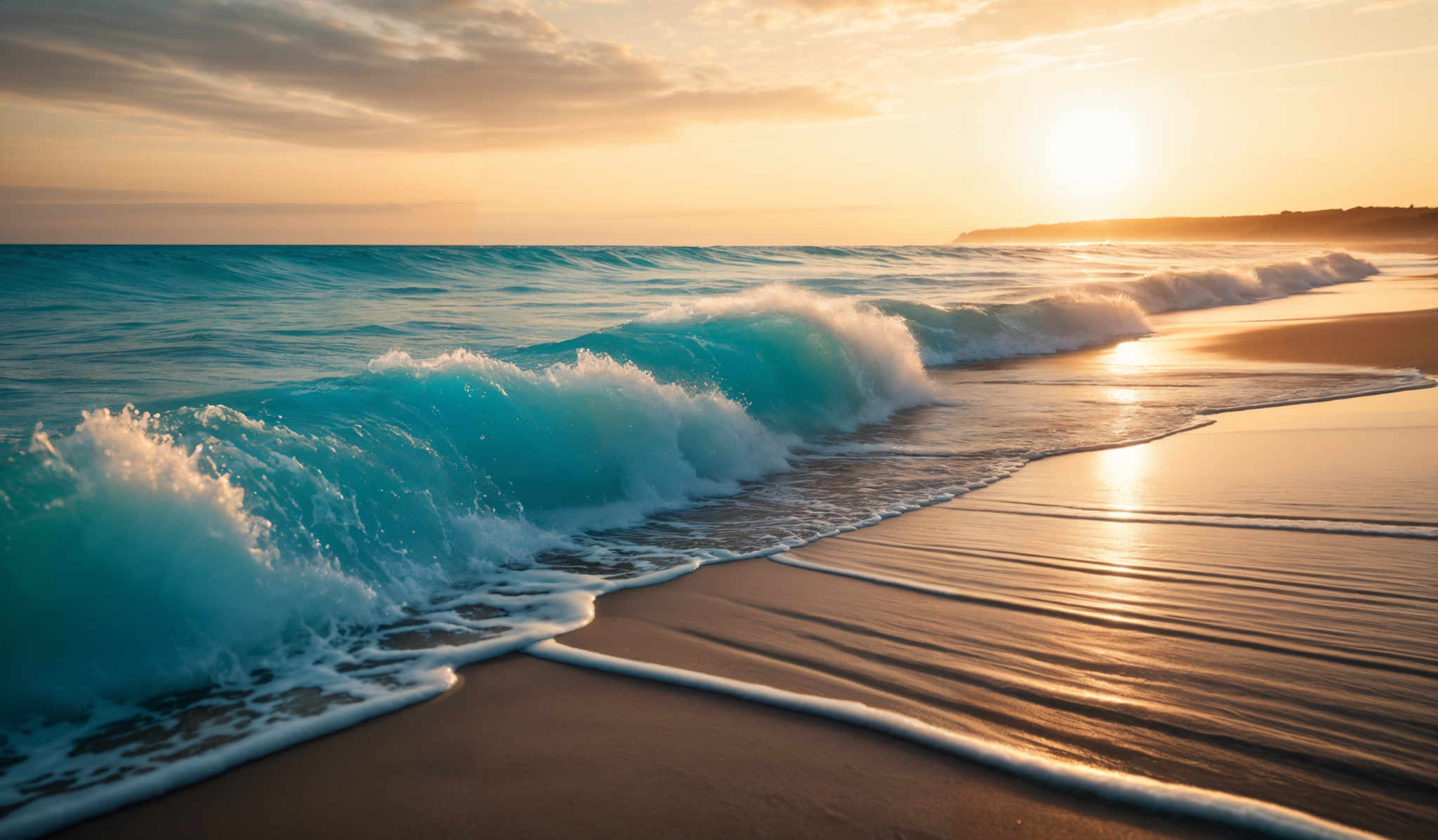 The image showcases a breathtaking seascape during sunset. The sky is painted with hues of orange, gold, and a touch of blue, with the sun nearing the horizon casting a warm glow. The sea is a vibrant shade of turquoise, with waves crashing onto the shore. The waves have a frothy white appearance, and their foam is beautifully illuminated by the sunlight. The sandy beach is visible, with patterns formed by the receding water. In the distance, there's a silhouette of a coastline with some structures, possibly buildings or trees.