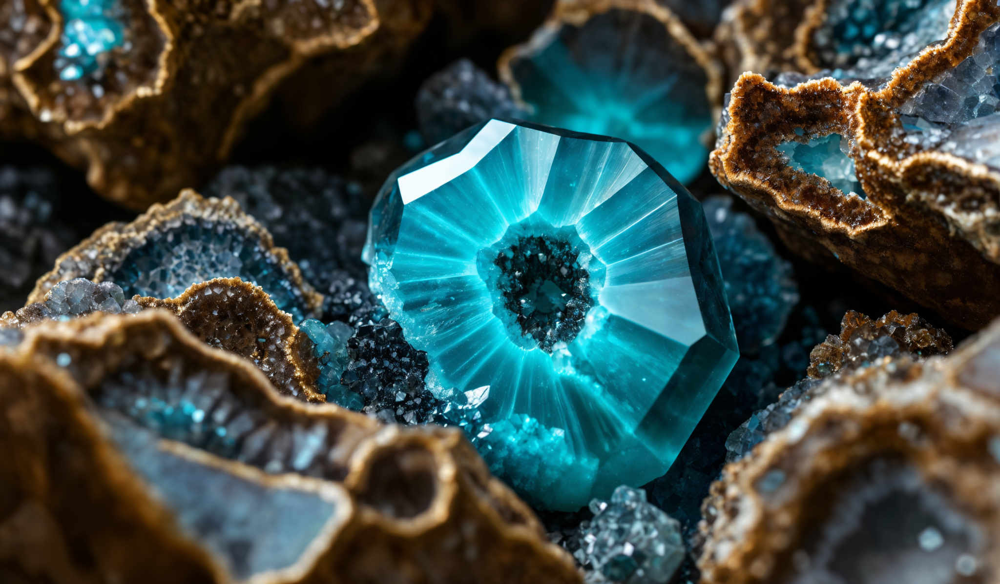 The image showcases a vibrant blue mineral, possibly a type of quartz or aqua crystal, with a unique geometric shape. The mineral has a faceted, hexagonal structure with a central cavity filled with smaller crystals. The surrounding area features other minerals with a brownish hue, exhibiting a rough texture and interspersed with pockets of translucent blue crystalline structures.