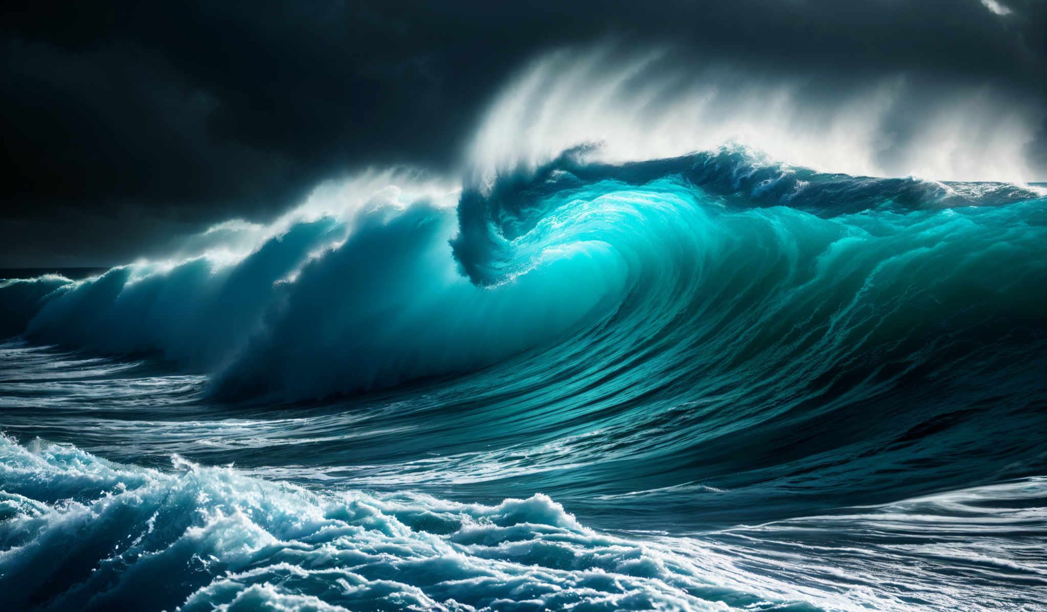 The image showcases a powerful wave crashing against the shore. The wave is a vibrant shade of turquoise, contrasting sharply with the dark, stormy sky above. The sky is filled with thick, ominous clouds, suggesting an impending storm. The sunlight pierces through the clouds, casting a dramatic glow on the wave, highlighting its swirling patterns and the frothy whitecaps. The crashing wave forms a beautiful curve, with the turbulent water spraying upwards and creating a misty effect. The foam and spray are captured in great detail, giving a sense of the wave's force and energy.