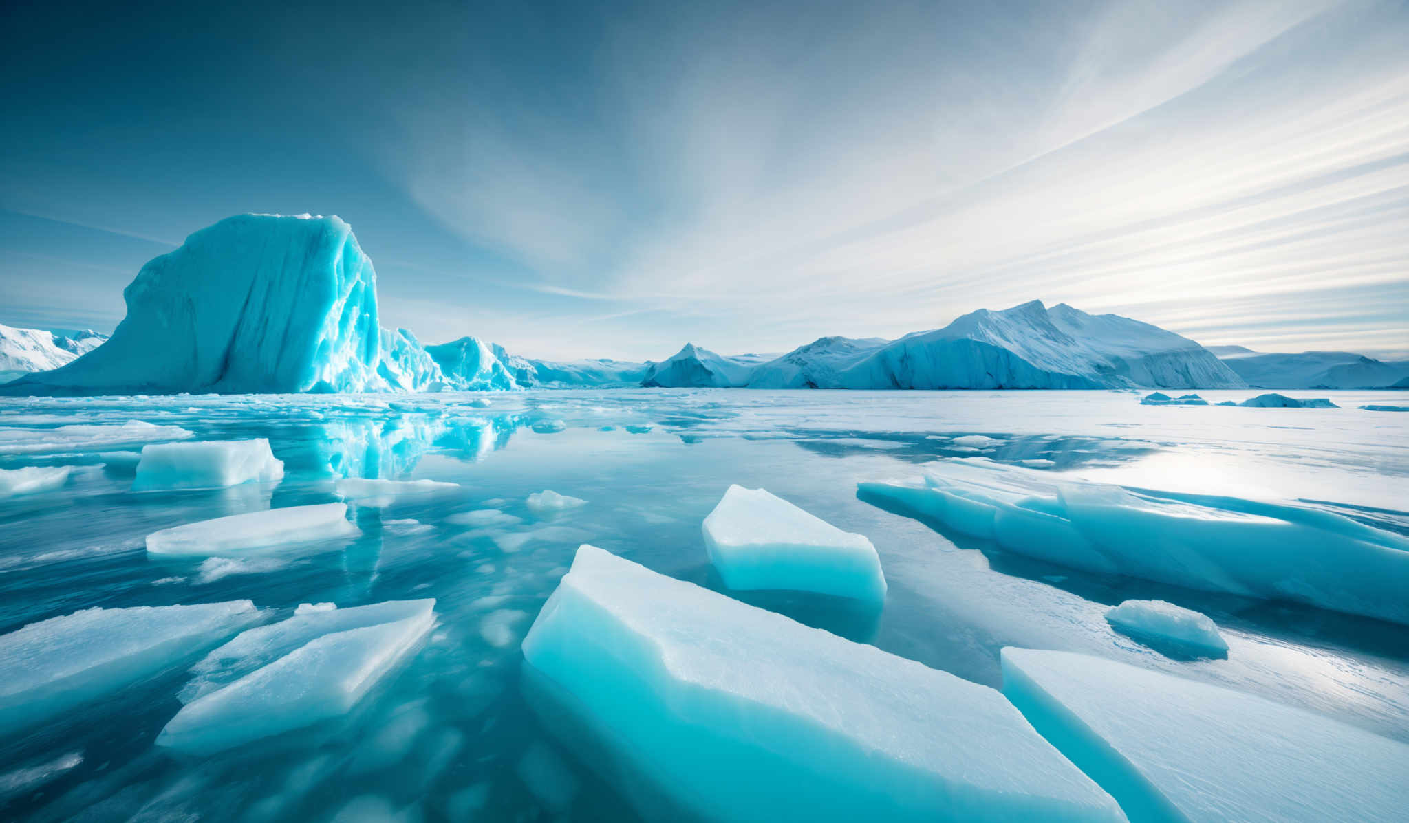 The image showcases a breathtaking icy landscape. Dominating the scene is a towering iceberg with a translucent blue hue, displaying intricate patterns and textures. Surrounding the iceberg are floating ice chunks of varying sizes, some of which are translucently clear while others have a more opaque white appearance. The water reflects the ice, creating a mirror-like effect. In the background, snow-covered mountains rise majestically, their peaks kissed by the soft light of the sky. The sky itself is painted with streaks of clouds, casting a gradient of light from the horizon upwards.