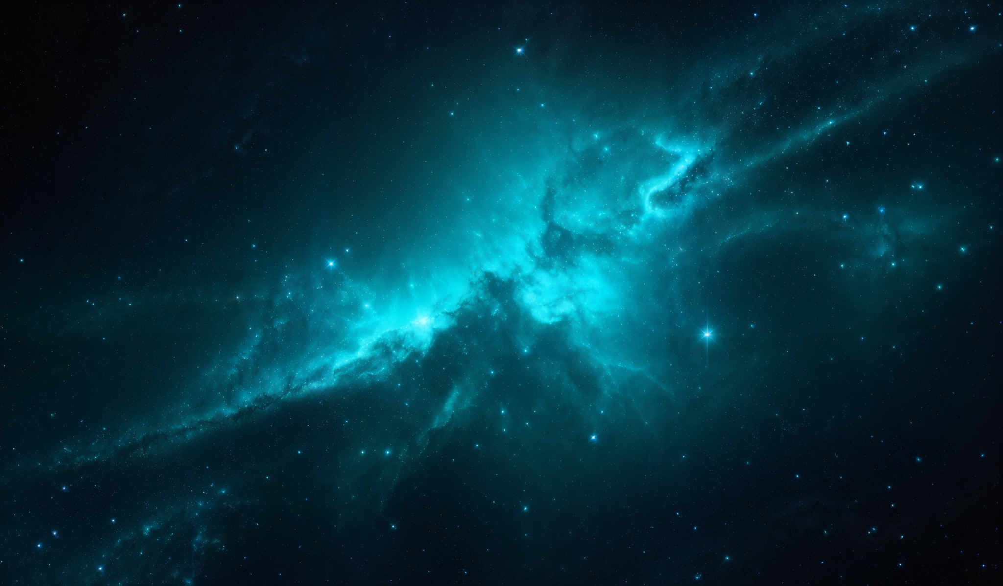 The image showcases a vast expanse of space filled with a mesmerizing blue nebula. The nebular formation is characterized by swirling patterns of blue and turquoise hues, interspersed with bright white stars. The shape is somewhat reminiscent of a galaxy or a massive star-forming region, with the brightest parts appearing as if they are emitting intense light or energy.