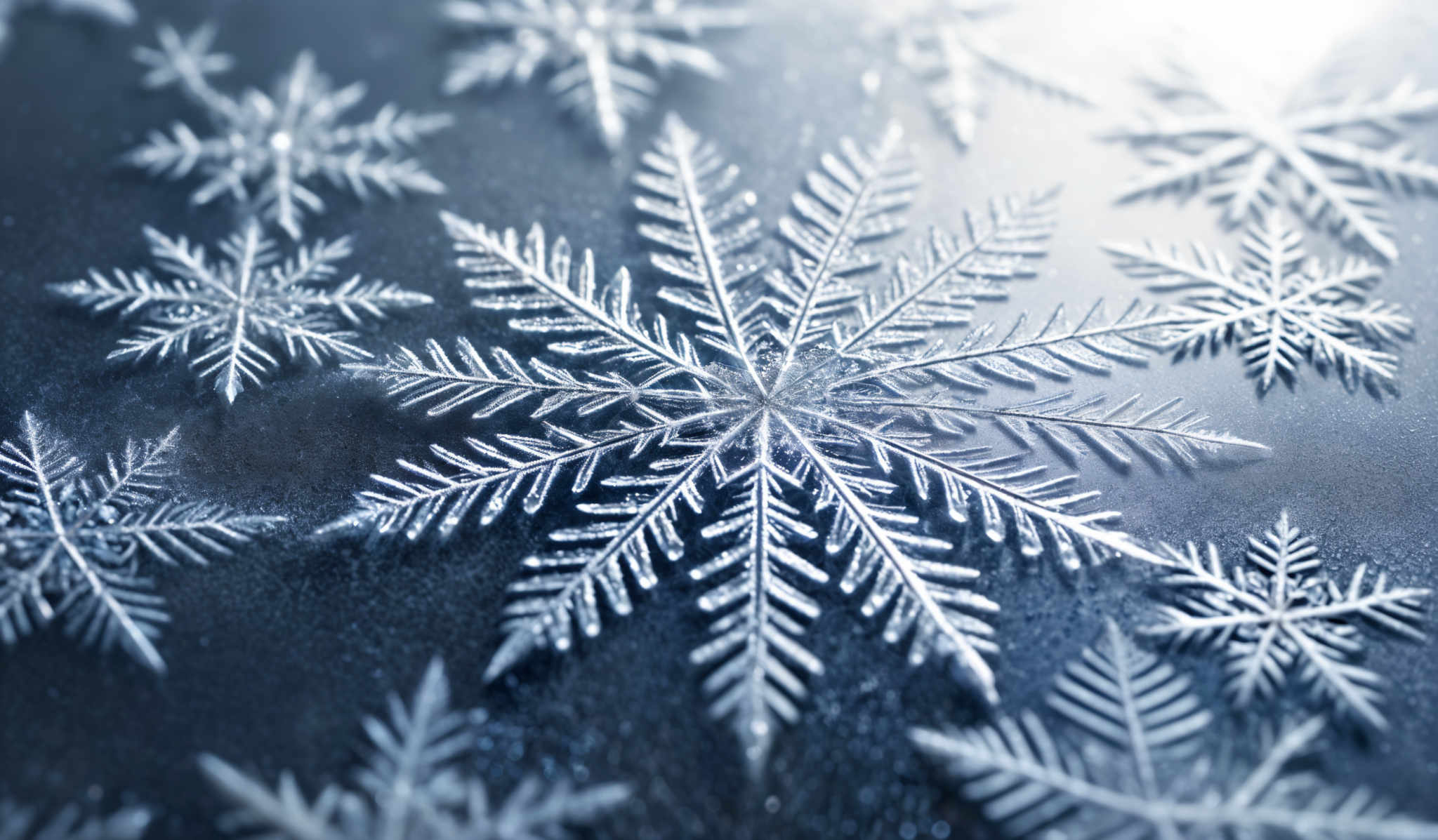 The image showcases a collection of intricate snowflakes against a dark background. The snowflaps are translucent with a crystalline appearance, displaying a myriad of sharp, radiating arms. The dominant color is a deep shade of blue, which contrasts beautifully with the white of the snowfakes. The central snowflap is particularly prominent, exhibiting a symmetrical and detailed design with numerous fine branches extending outwards.