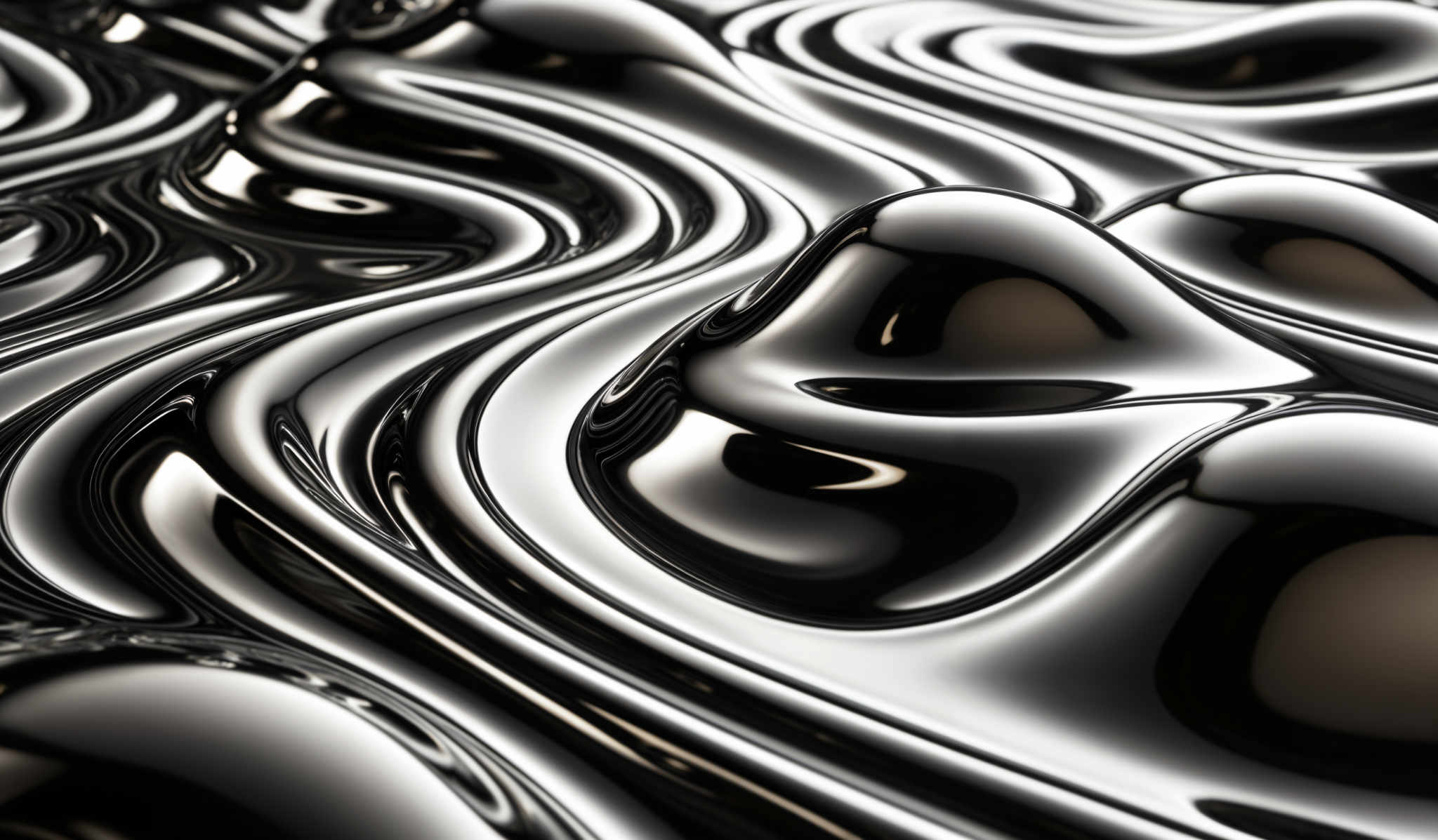 The image showcases a glossy, reflective surface with undulating patterns. The dominant colors are shades of black and silver, giving it a metallic appearance. The shapes are fluid and wavy, resembling liquid in motion or a topographical map of a terrain. The intricate details reveal reflections, highlights, and shadows, creating a sense of depth and dimension.