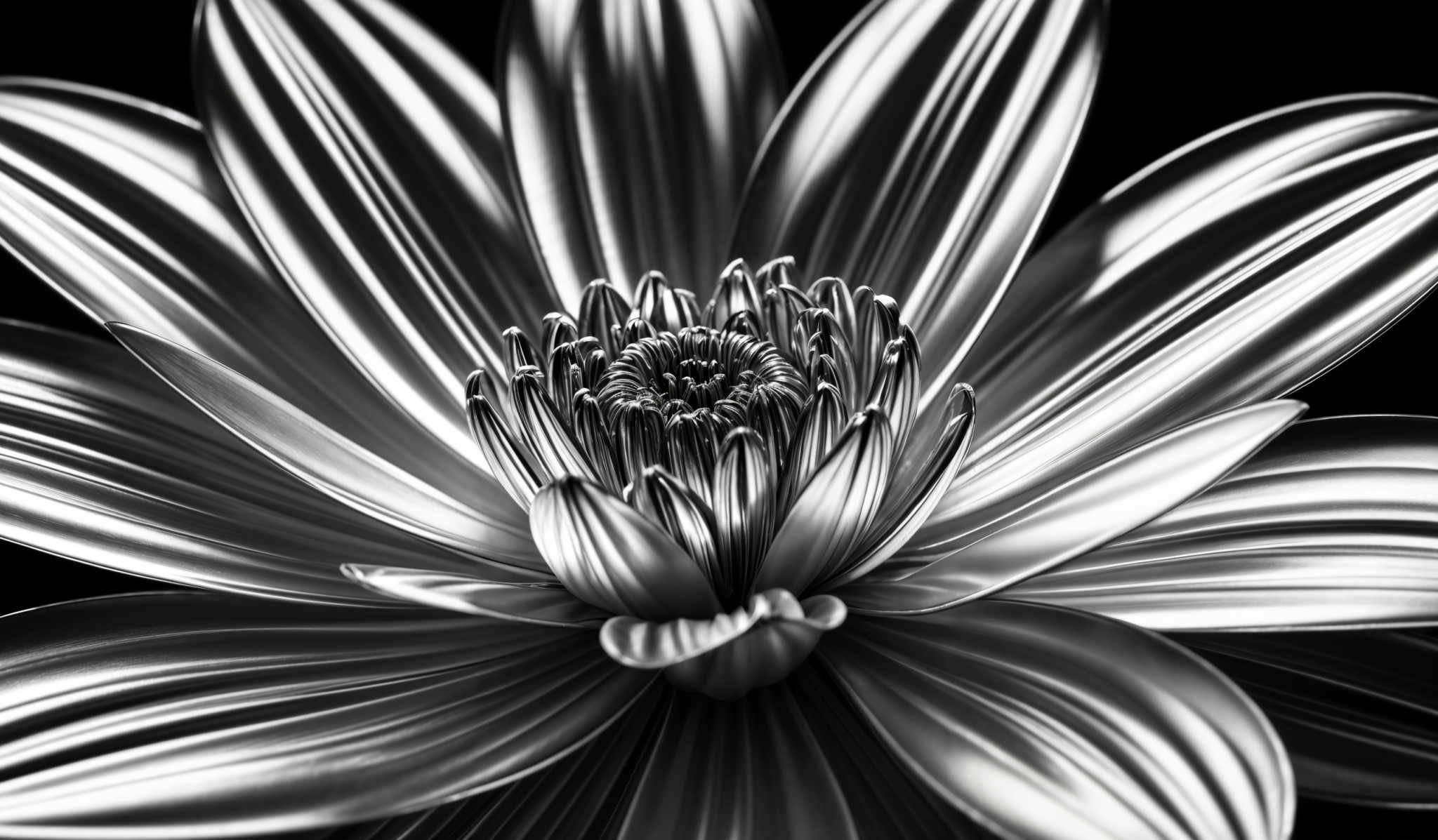 The image showcases a close-up of a flower in black and white. The flower has a symmetrical shape with multiple petals radiating outwards. The petals are smooth and have a reflective quality, showcasing a shimmering silver hue. The center of the flower is intricate, with tightly packed, coiled structures that appear to be the flower's reproductive parts. The overall effect is dramatic and emphasizes the flower’s details and textures.