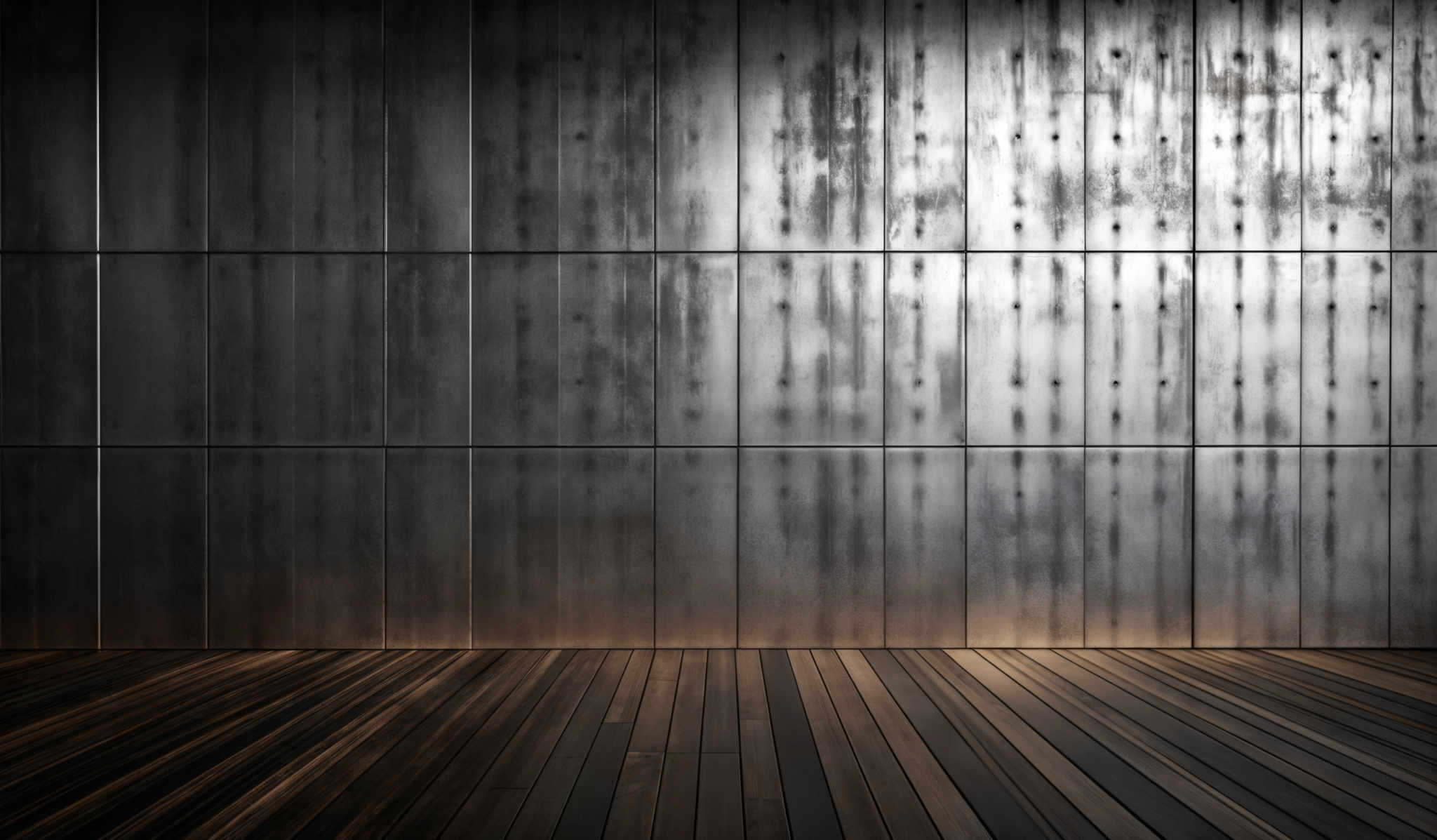 The image showcases a large, rectangular space with a metallic wall on the left and a wooden floor on the right. The wall is made of vertical panels, each having a unique pattern of vertical lines and dots, giving it a textured appearance. The floor consists of wooden planks arranged in a parallel manner, with varying shades of brown, indicating different types of wood or different lighting conditions.