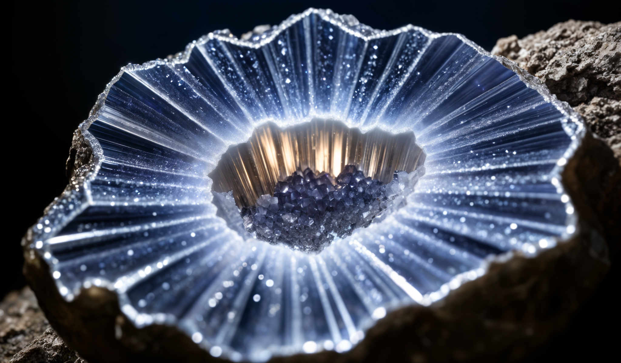 The image showcases a mineral or crystal formation. The mineral has a radial, fan-like shape with a central cavity. The outer layers exhibit a translucent blue hue, while the inner cavity is filled with small, dark crystals. The edges of the mineral have a rough texture, contrasting with the smooth, faceted appearance of the inner layers.