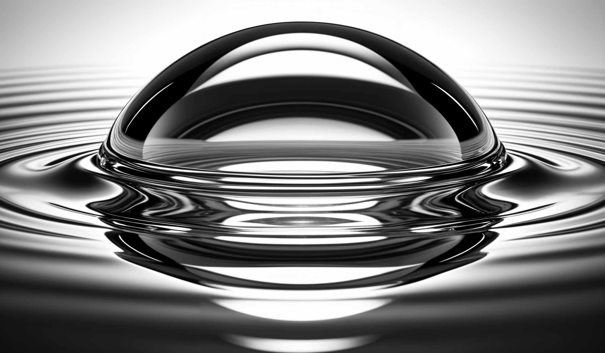 The image showcases a clear, spherical object, possibly a water droplet, that seems to be suspended in mid-air. It casts a reflection on the water surface below, creating concentric ripples. The color palette is predominantly monochromatic, with shades of black, white, and gray, giving it a stark and dramatic appearance.