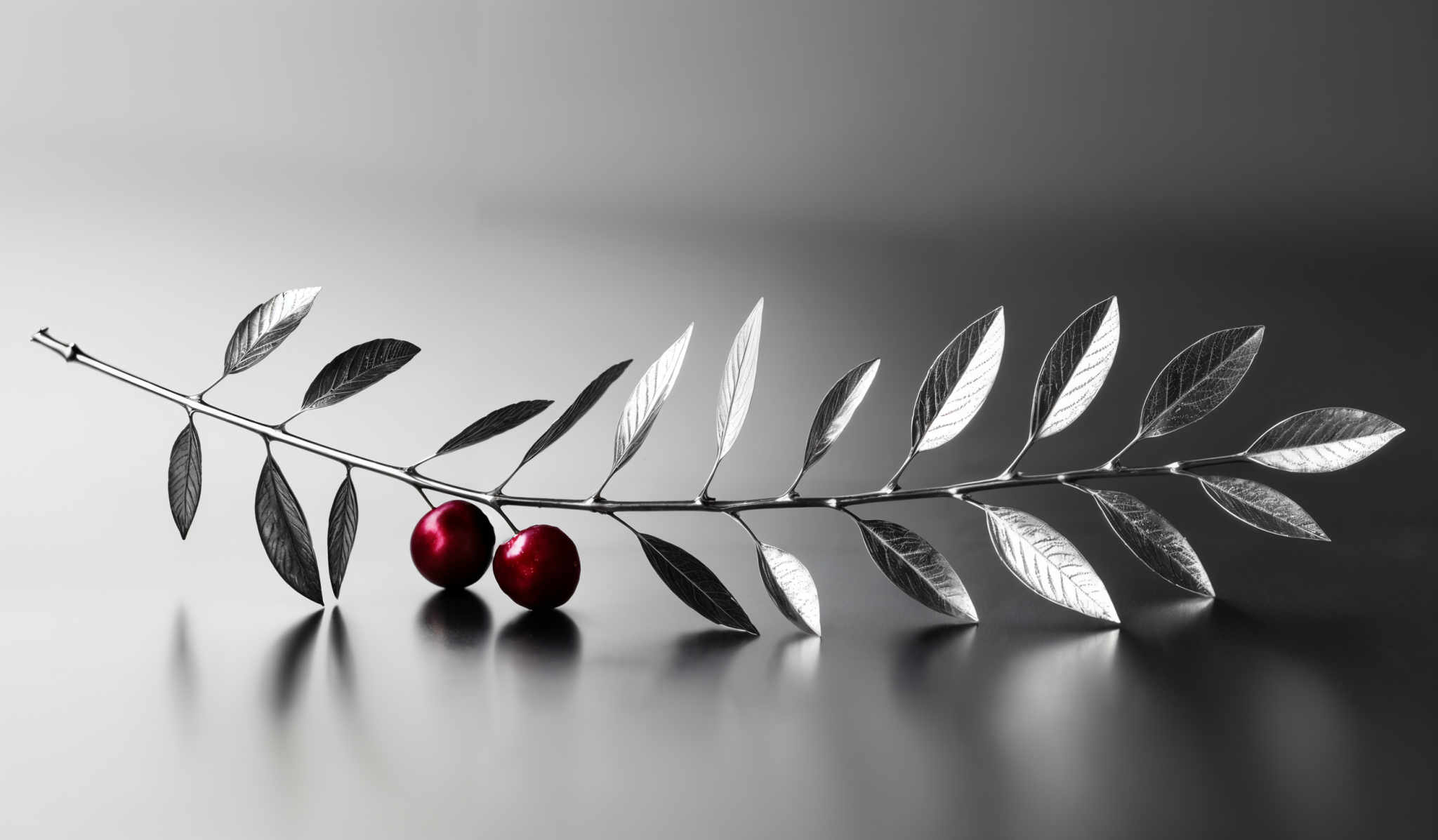 The image showcases a branch with elongated, metallic leaves. The leaves have a reflective surface, giving them a shiny appearance. Attached to the branch are two round, deep red berries. The entire composition is set against a gradient background that transitions from a darker shade at the top to a lighter one at the bottom.