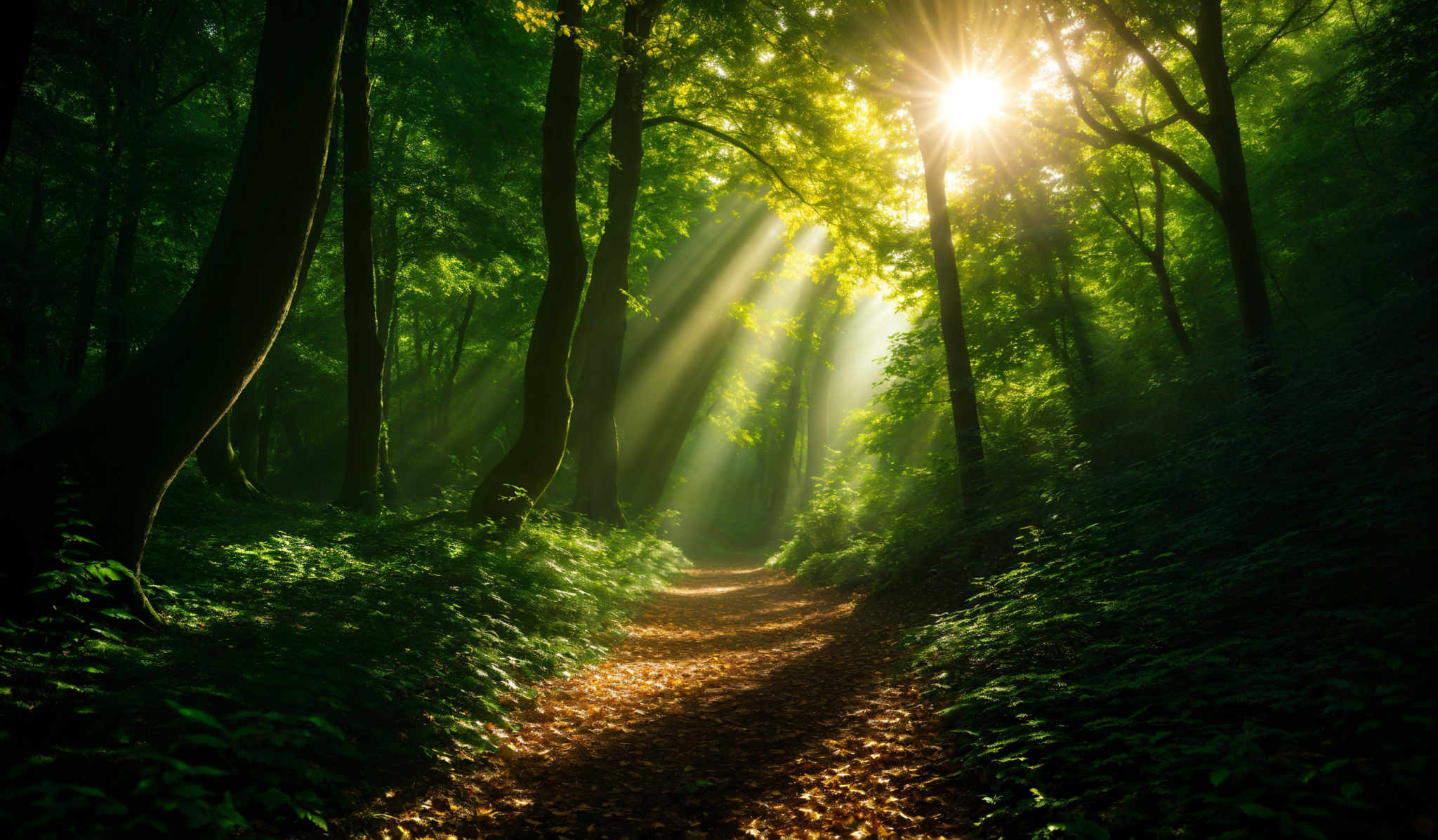 The image showcases a lush forest with tall, slender trees. The predominant colors are various shades of green, representing the dense foliage. The sunlight pierces through the canopy, casting a warm, golden hue on the scene. The forest floor is covered with fallen leaves, and there's a pathway that meanders through the woods, leading the viewer's eye deeper into the scene, creating a sense of depth and mystery.