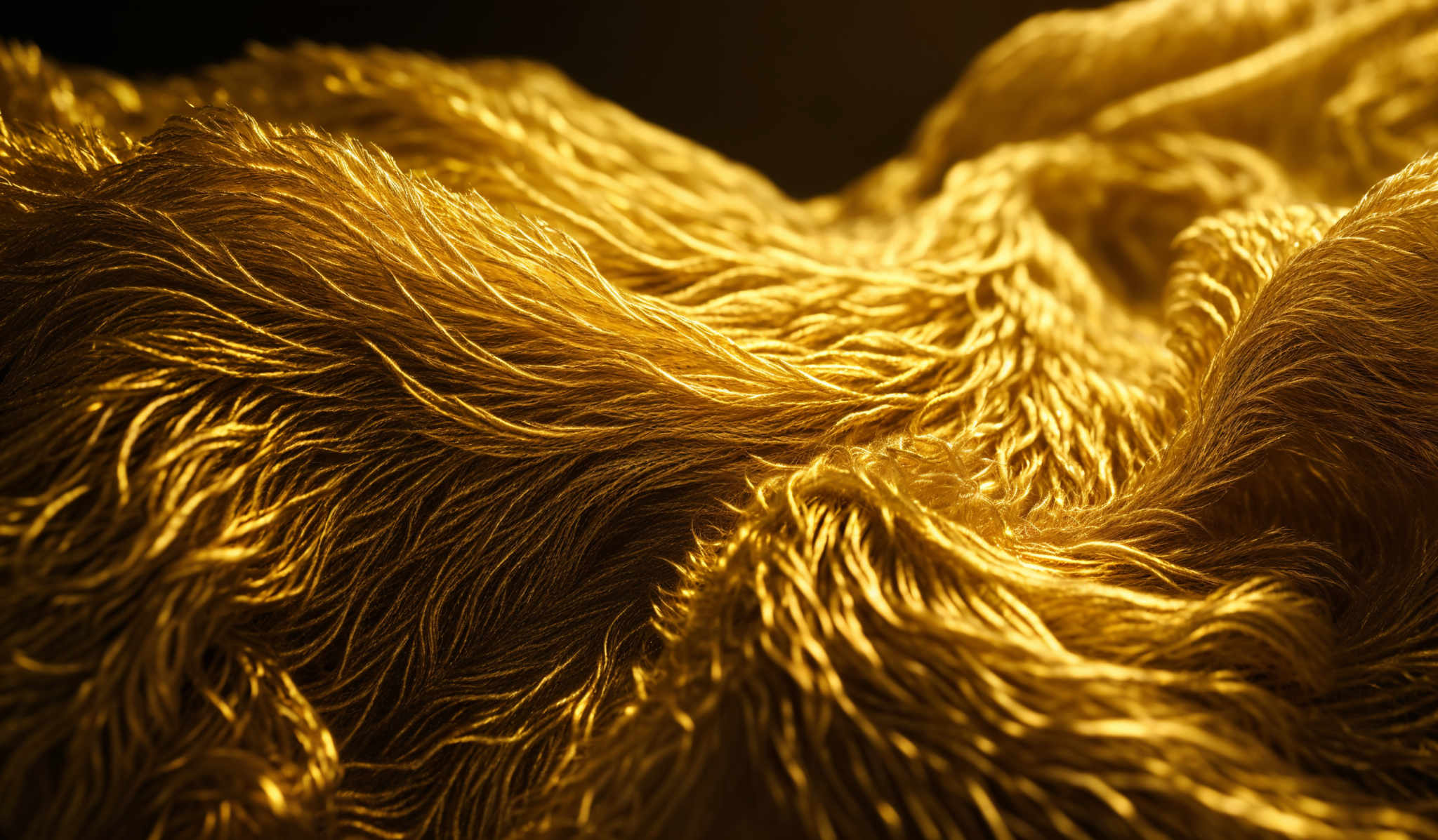 The image showcases a close-up view of what appears to be golden or yellowish strands, possibly resembling wool or some form of textile. The strands are intricately woven and have a feathery or fluffy texture. The color is predominantly golden with hints of lighter shades, giving it a warm and rich appearance. The shape is somewhat amorphous, with the strands flowing and intertwining, creating a sense of movement and depth.