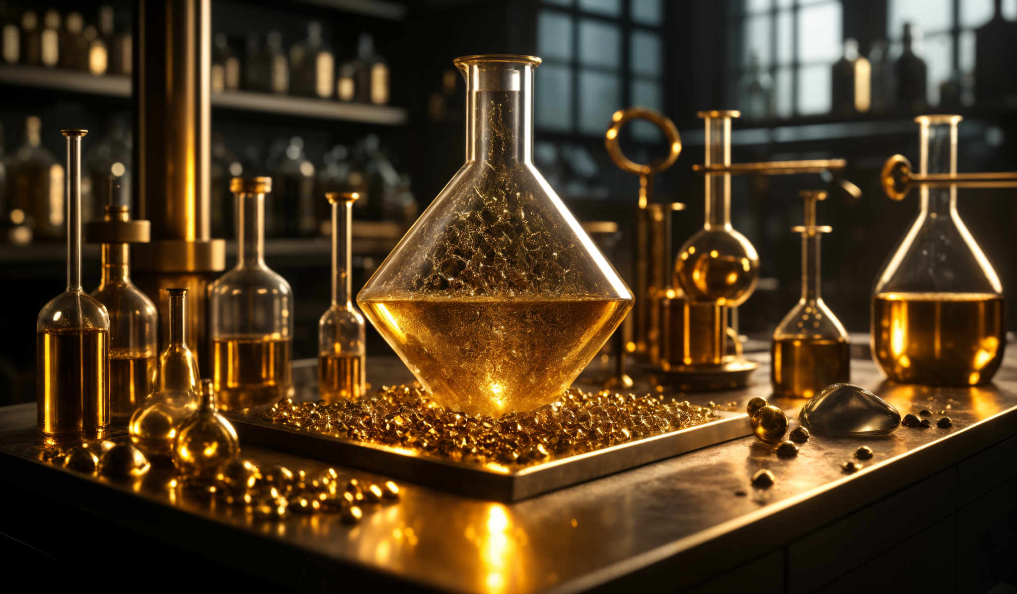 The image showcases a collection of glass flasks and containers, predominantly in shades of gold and amber. The central flask is taller and has a conical shape, filled with a golden liquid that has bubbles rising from it. Surrounding this flask are smaller flasks, some filled with the same golden liquid, while others contain clear liquid. There are also spherical gold particles scattered on a tray in front of the central flask. The background is dimly lit, emphasizing the golden hue of the items, and there are shelves with more bottles in the background.