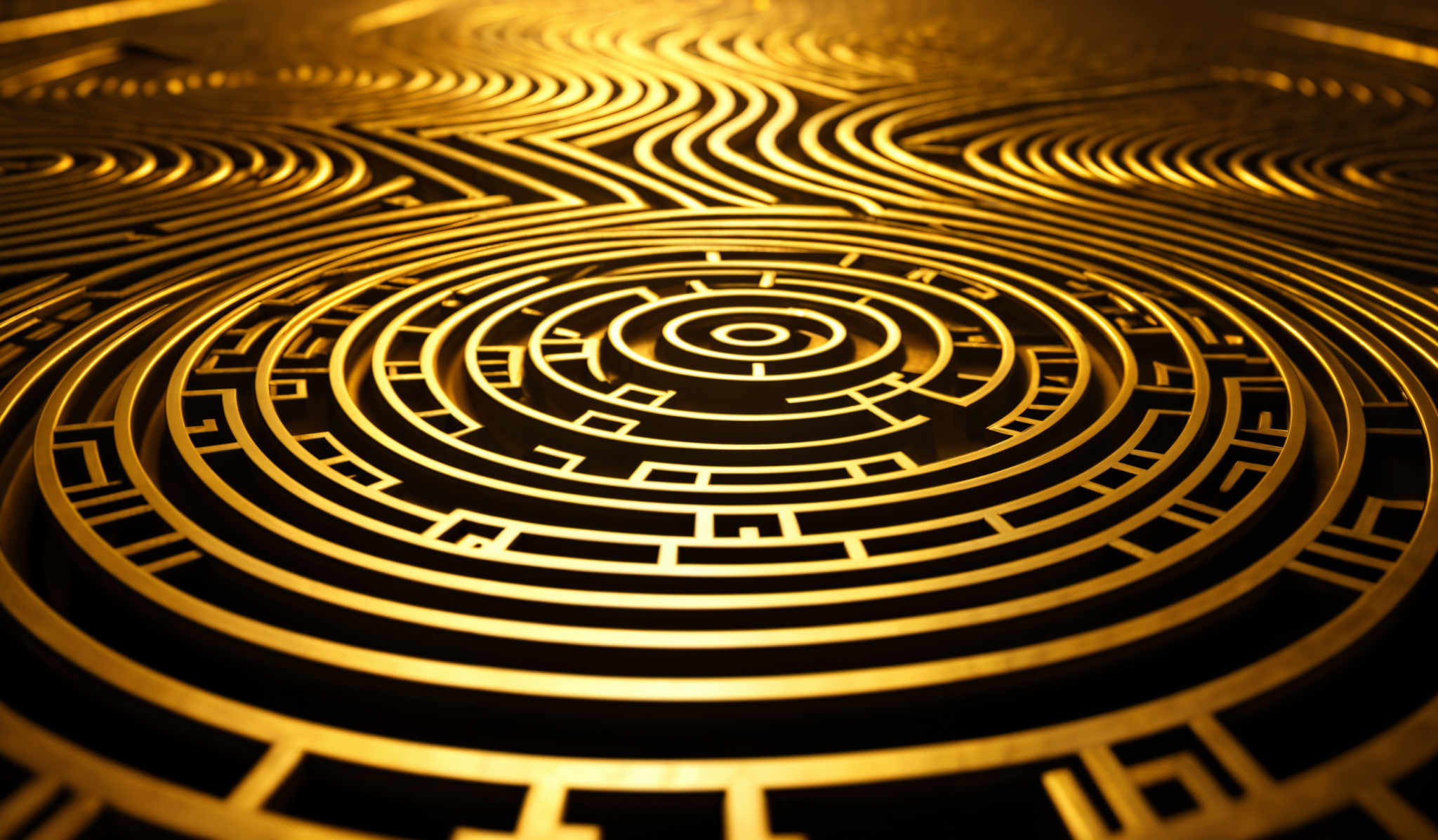 The image showcases a mesmerizing pattern of concentric circles, intricately designed with a golden hue. The circles are layered, with each one having a unique design, including rectangular and square patterns. The overall color palette is dominated by warm golden tones, creating a sense of depth and dimension. The intricate details and repetitive patterns give the image a senseof rhythm and harmony.