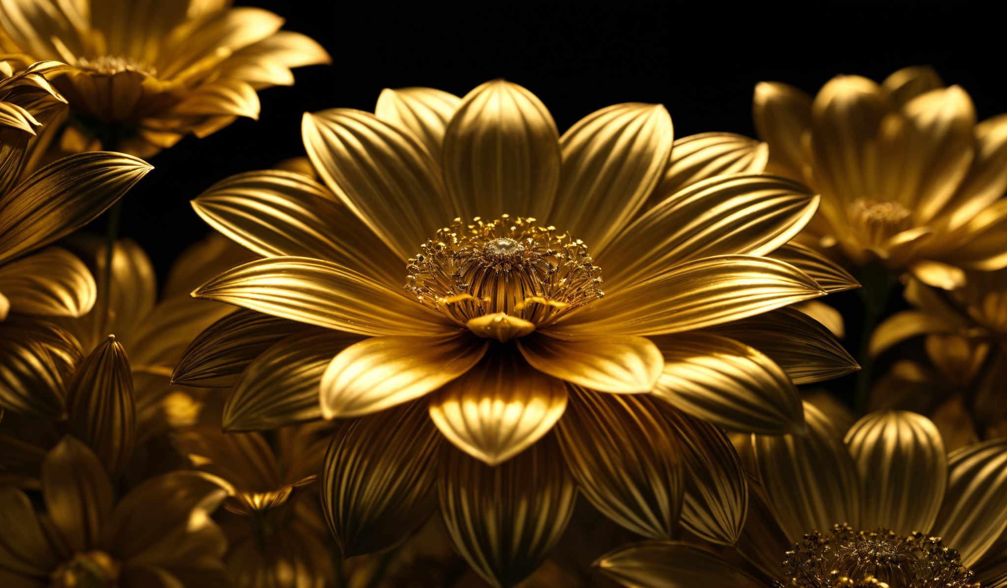 The image showcases a collection of metallic, golden-colored flowers. The flowers have a unique, intricate design with layered petals that reflect light beautifully. The center of each flower is adorned with a cluster of small, shiny, golden beads or sequins. The overall color palette is dominated by various shades of gold, with a dark background that accentuates the luminosity of the flowers.