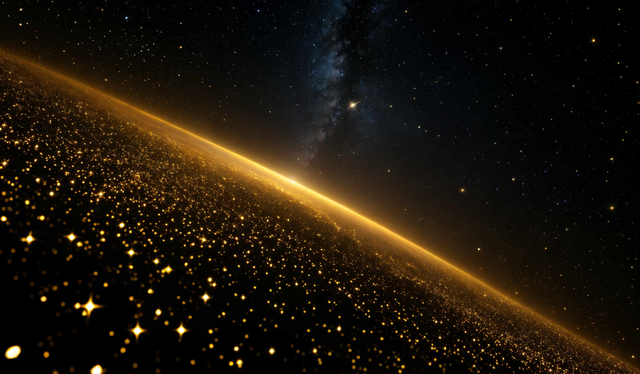 The image showcases a vast expanse of space filled with countless stars. The foreground is dominated by a shimmering, golden-yellow glow, possibly representing a galaxy or a cluster of stars. This radiant field stretches out, creating a contrast with the deep blackness of the cosmos. Above this glowing field, the Milky Way galaxy can be seen, with its dense cluster of star clusters and dust lanes. The overall color palette is a mix of deep blues, blacks, and golden-yellows, evoking a sense of wonder and the vastness of space.