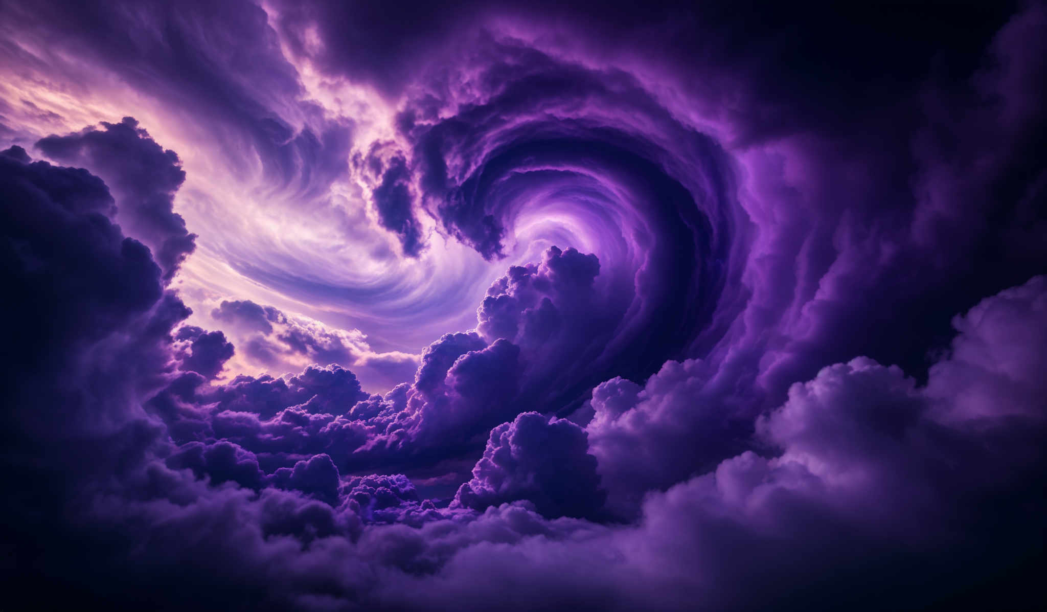 The image showcases a mesmerizing and dramatic cloud formation. The dominant colors are shades of purple, pink, and deep blue. The clouds are swirling and twisting, creating an almost surreal and otherworldly effect. The swirls and patterns in the clouds give the impression of a turbulent atmosphere, possibly suggesting a storm or a celestial event.