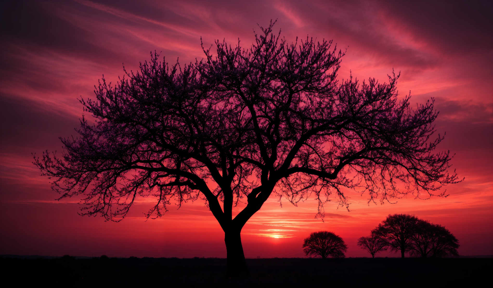 The image showcases a vibrant sunset with hues of red, orange, and purple. Dominating the foreground is a large, leafless tree with intricate branching. The tree stands tall against the backdrop of the setting sun, which is partially obscured by the tree's silhouette. The sky is painted with swirling clouds, reflecting the colors of the sunset. In the distance, there are smaller trees and a vast expanse of open land.