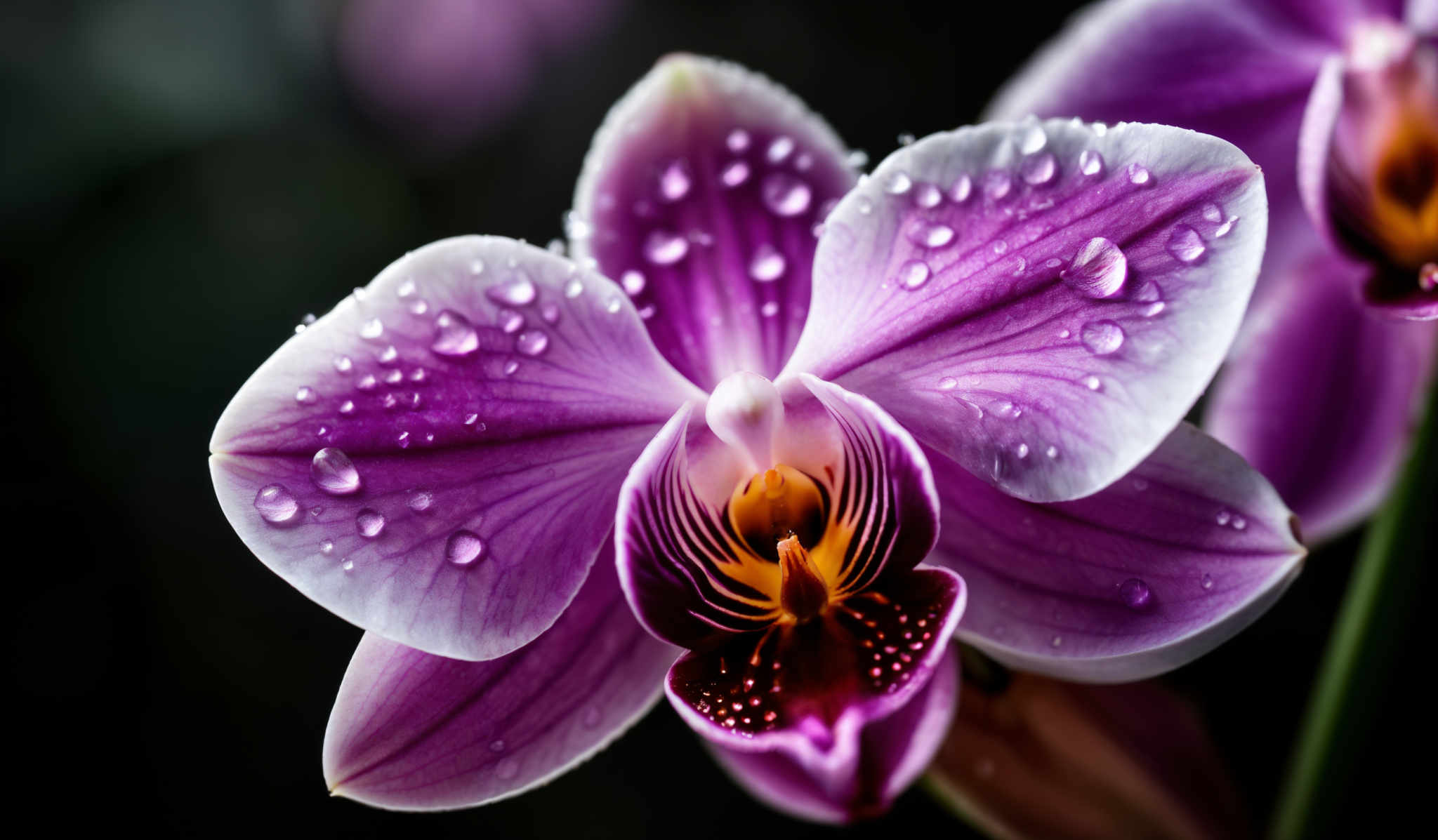 The image showcases a vibrant purple orchid flower. The petals are broad and have a translucent quality, allowing the water droplets to be clearly visible on them. The center of the flower is a deep purple with a yellowish-orange striped pattern. The background is blurred, emphasizing the flower and making it the focal point of the image, with hints of green suggesting the presence of leaves or stems.