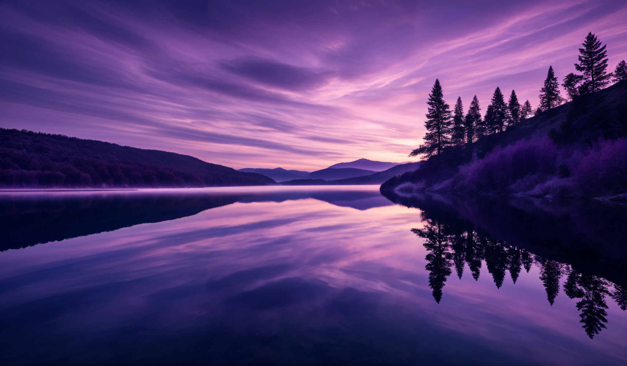 The image showcases a serene landscape during what appears to be either dawn or dusk. The sky is painted with hues of purple, pink, and blue, with wispy clouds streaking across. The water below mirrors the sky's colors, creating a symmetrical reflection. On the right side, there's a hillside covered with trees, predominantly evergreens, which stand tall against the backdrop of the vibrant sky. The mountains in the distance are slightly obscured by a mist or fog, adding to the tranquility of the scene.