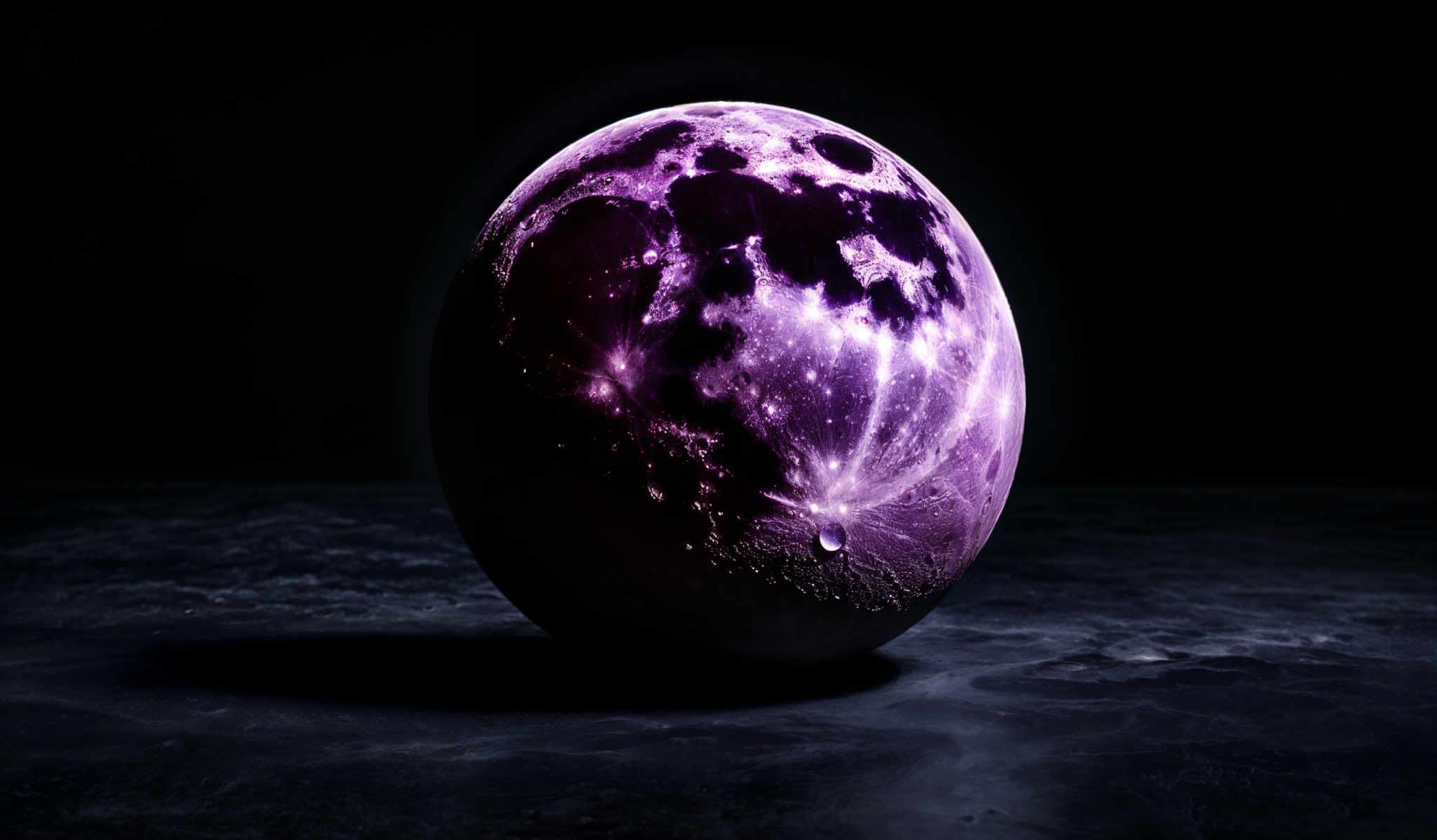 The image showcases a spherical object that appears to be a representation of the moon. It is predominantly in shades of purple and white, with intricate details resembling the moon's craters and surface. The background is dark, emphasizing the luminosity of the object, and there's a shadow cast on the surface below it.