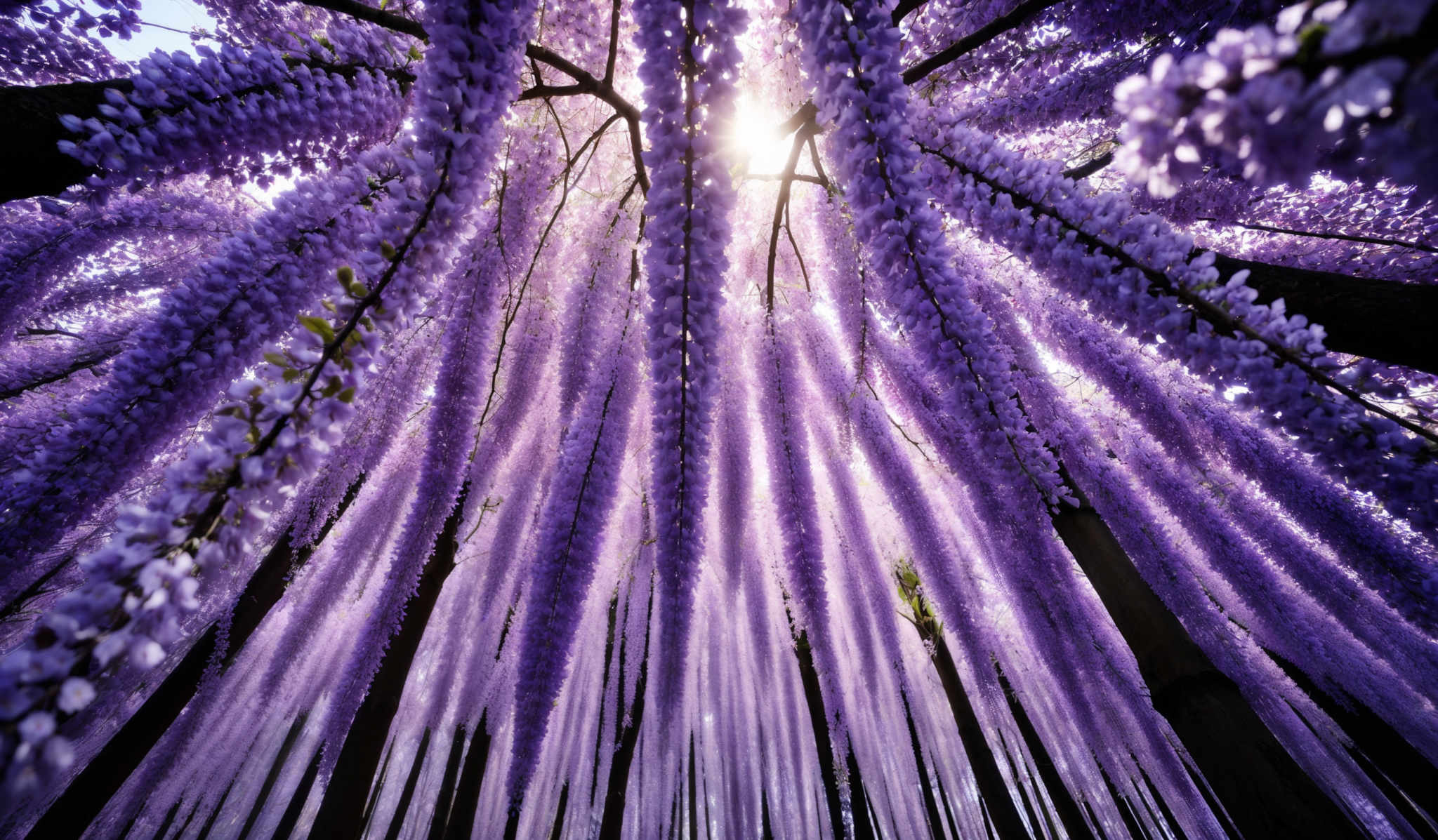 The image showcases a mesmerizing view of cascading purple flowers, possibly lilacs, hanging from trees. The flowers are in full bloom, creating a canopy that filters the sunlight, casting a soft glow. The trees have dark trunks, contrasting with the vibrant purple of the flowers. The perspective is from below, looking upwards, giving a sense of being enveloped by the beauty of nature.