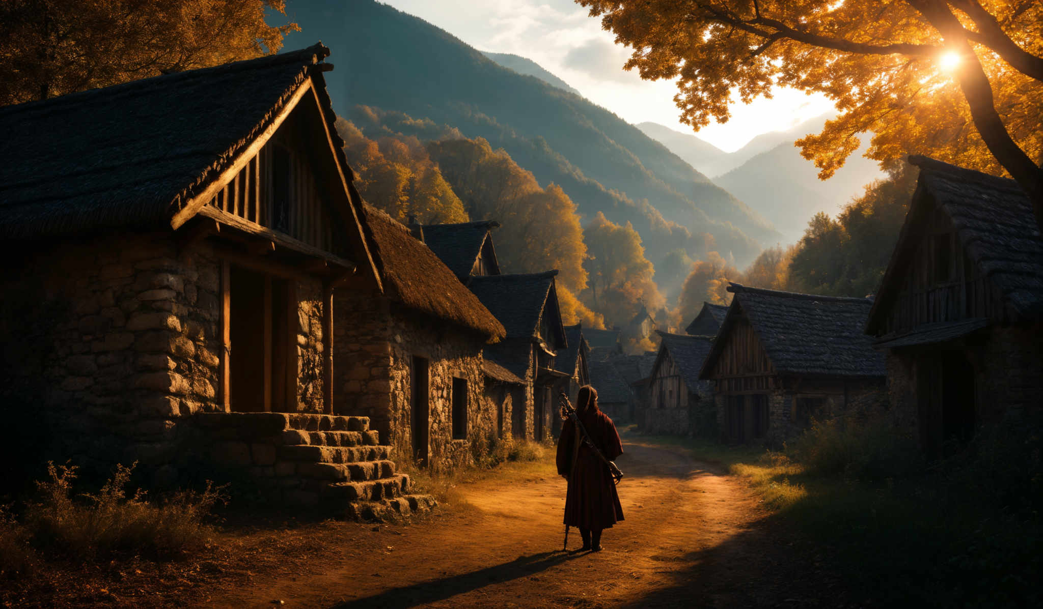 The image showcases a picturesque scene of a village nestled amidst mountains. The dominant colors are warm hues of orange and gold from the autumn leaves, contrasted by the cooler blues and grays of the mountains and the sky. The village consists of rustic stone and wooden houses with thatched roofs. The sun casts a golden glow, illuminating the pathway and creating long shadows. A person in a red robe stands on the path, looking towards the mountains, adding a sense of solitude and contemplation to the scene.