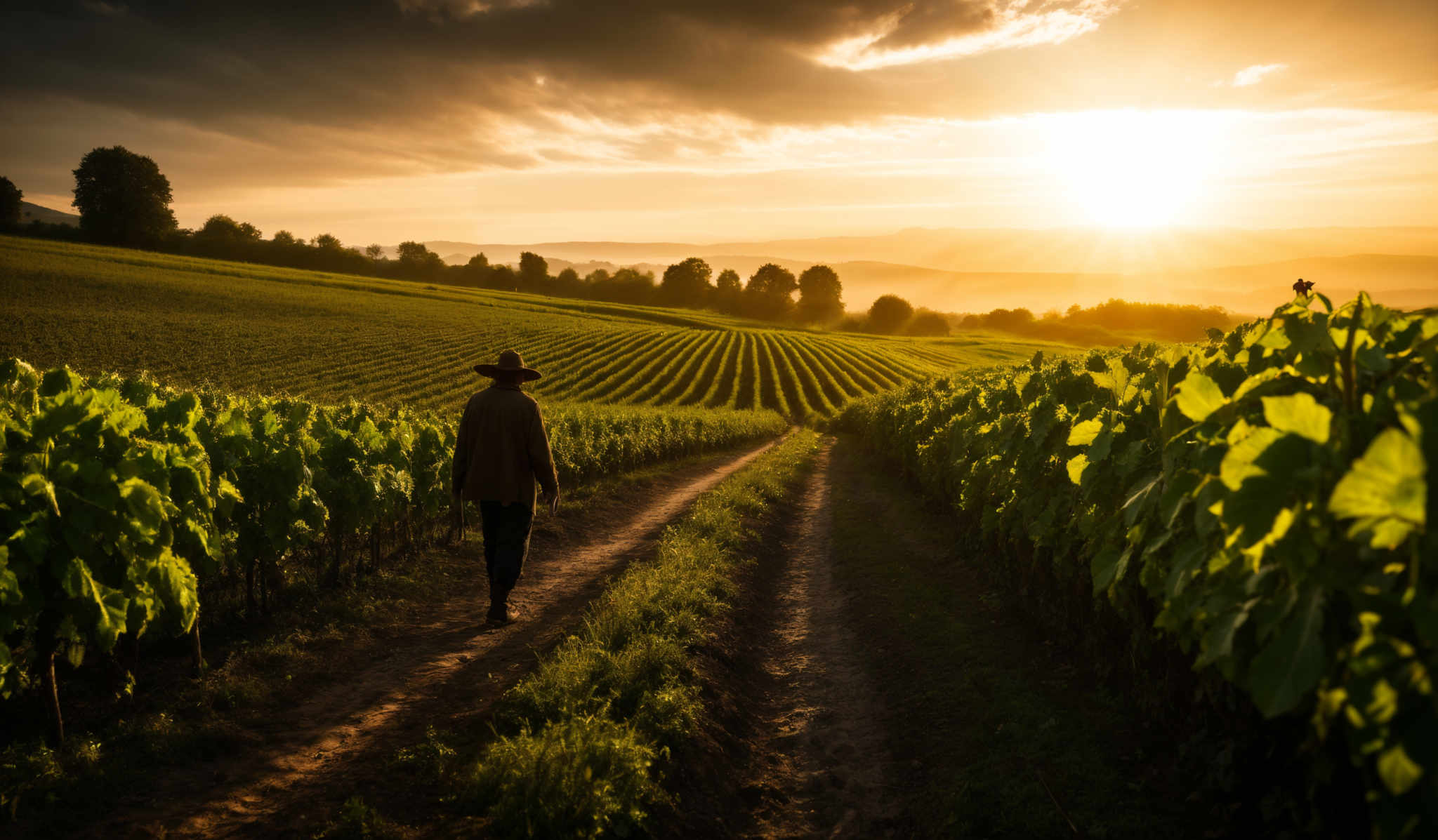 The image showcases a vast landscape dominated by vibrant green fields, possibly vineyards, that are meticulously aligned in neat rows. The sun, positioned near the horizon, casts a warm golden hue over the scene, creating a dramatic contrast with the dark, looming clouds overhead. A solitary figure, dressed in a hat and coat, is seen walking down a dirt path amidst the fields, adding a sense of scale and solitude to the vastness of the landscape.