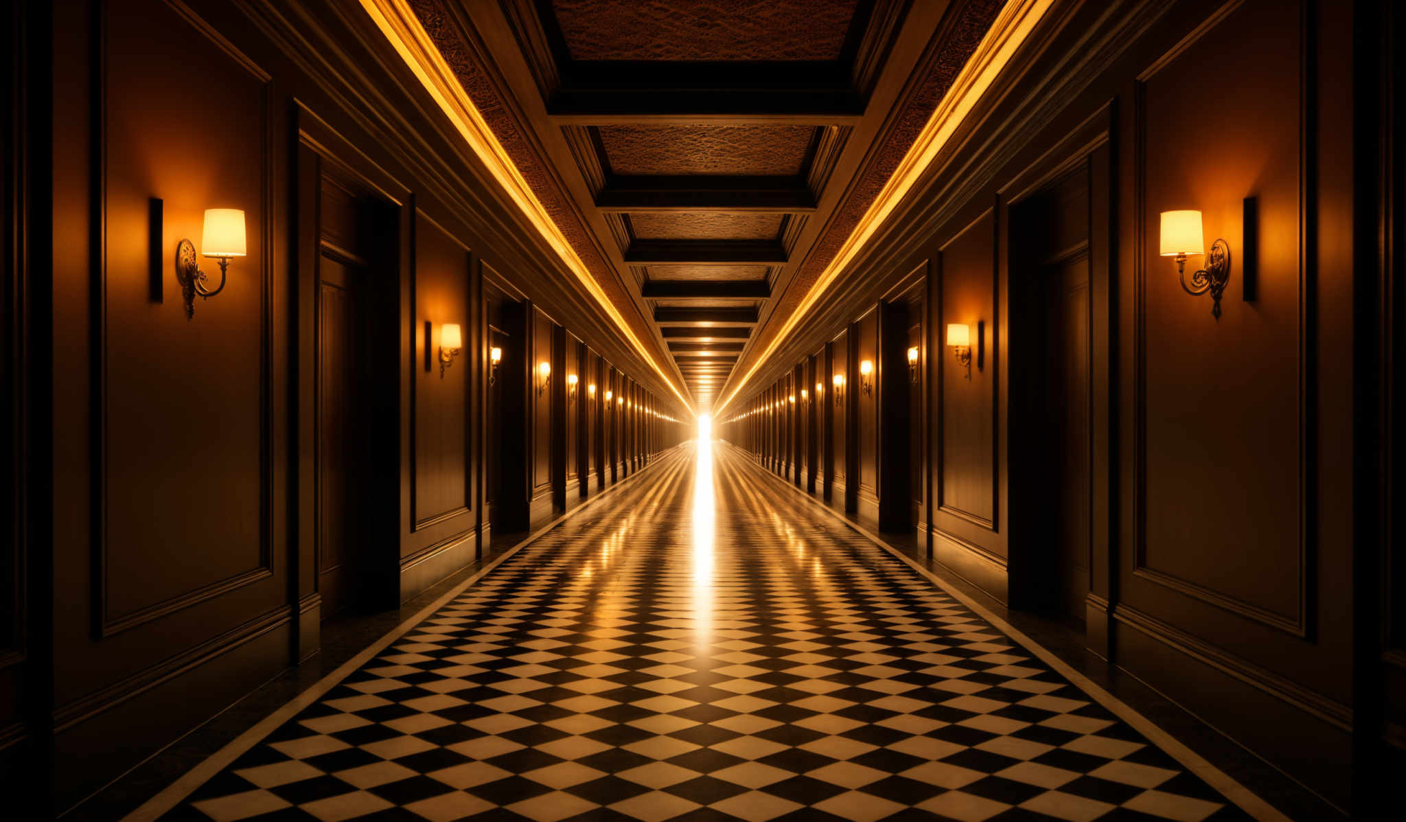 The image showcases a long hallway with a symmetrical design. The walls are adorned with dark panels, and there are multiple sconces on each side, emitting a warm, golden light. The ceiling features intricate designs with a reddish-brown hue. The hallway's floor is checkered with alternating black and white squares, reflecting the light from the sconCES. The perspective of the image gives a sense of depth, with the hallway seemingly extending infinitely, with a light at the end suggesting an exit or a doorway.