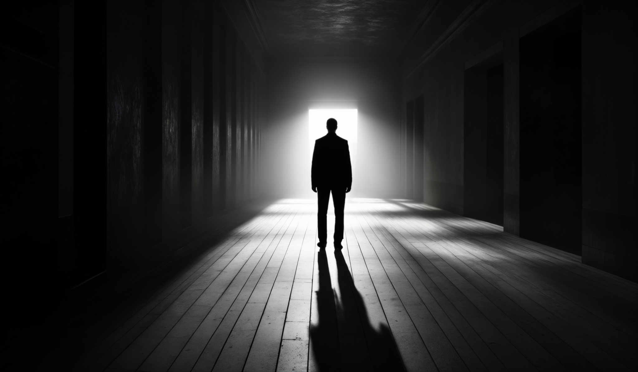 The image predominantly features shades of black, white, and gray. The central figure is silhouetted, appearing as a dark shape against the lighter background. The figure's shadow is cast on the floor, creating a contrast between light and dark. The corridor itself is long and narrow, with tall walls on either side. The floor appears to be made of wooden planks, and there's a light source at the end of the corridors, casting a bright white glow. The overall atmosphere is mysterious and somewhat eerie.