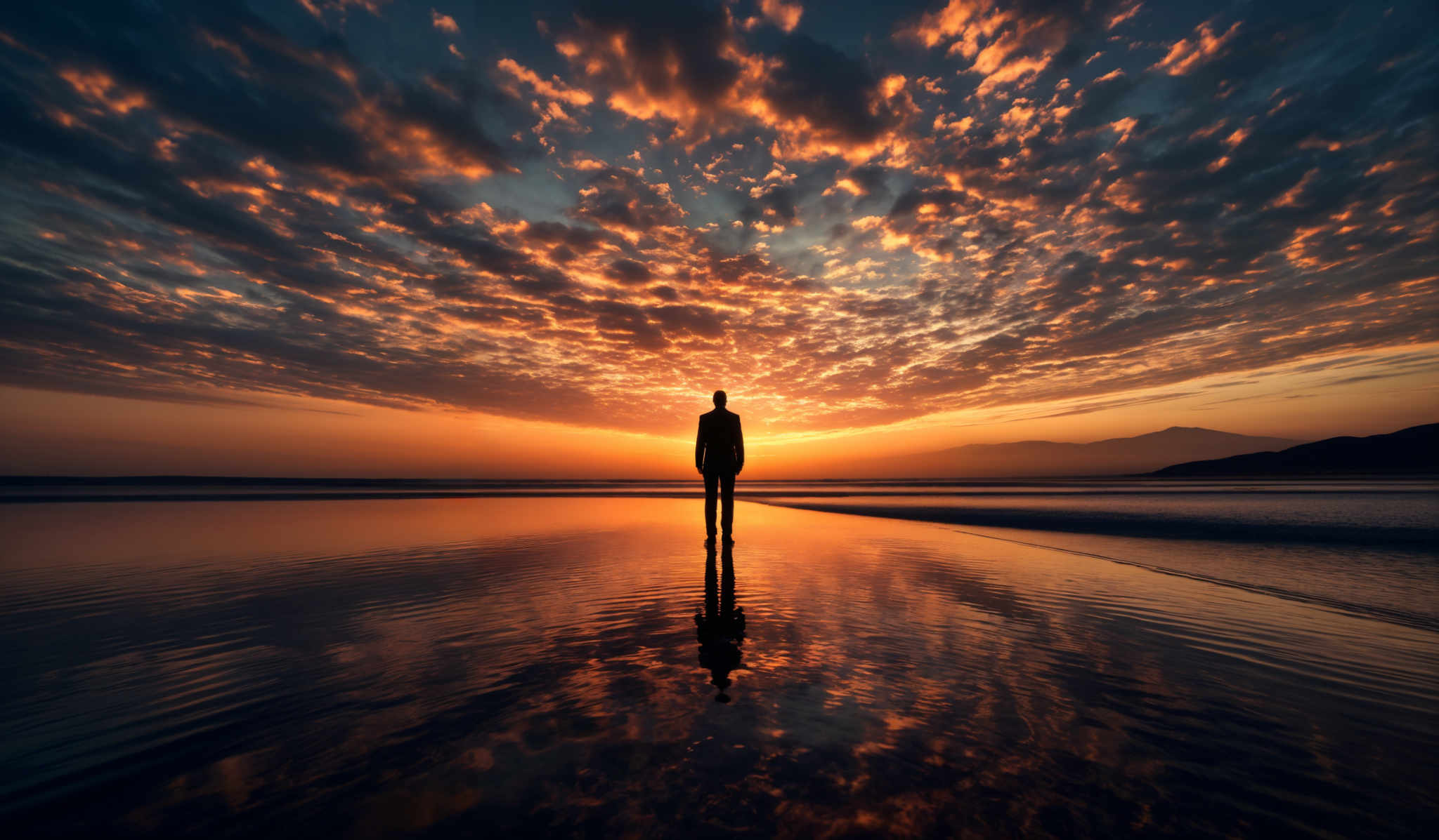 The image showcases a breathtaking sunset with a myriad of colors ranging from deep blues to fiery oranges and reds. The sky is dotted with a pattern of cloud formations, which appear as if they are painted with brush strokes. These clouds reflect the sunset hues, creating a vibrant contrast. In the foreground, there's a silhouette of a person standing on what appears to be a wet, reflective surface, possibly a beach or a shallow body of water. The person's reflection is clearly visible, adding depth to the image and emphasizing the tranquility of the moment.