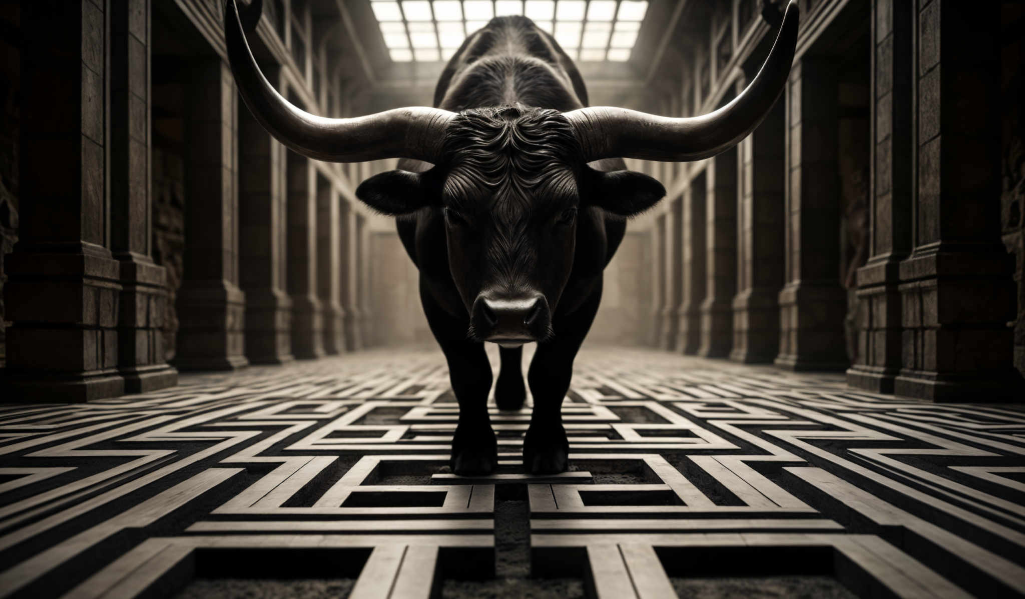 The image predominantly features monochromatic shades of black, white, and gray. The central focus is a large, dark bull with pronounced, long horns. The bull is positioned in the middle of a grand hallway with intricate stone carvings on the walls and ceiling. The floor features a geometric pattern, and the hallway extends into the distance with columns on either side. The lighting is soft, casting a serene ambiance.