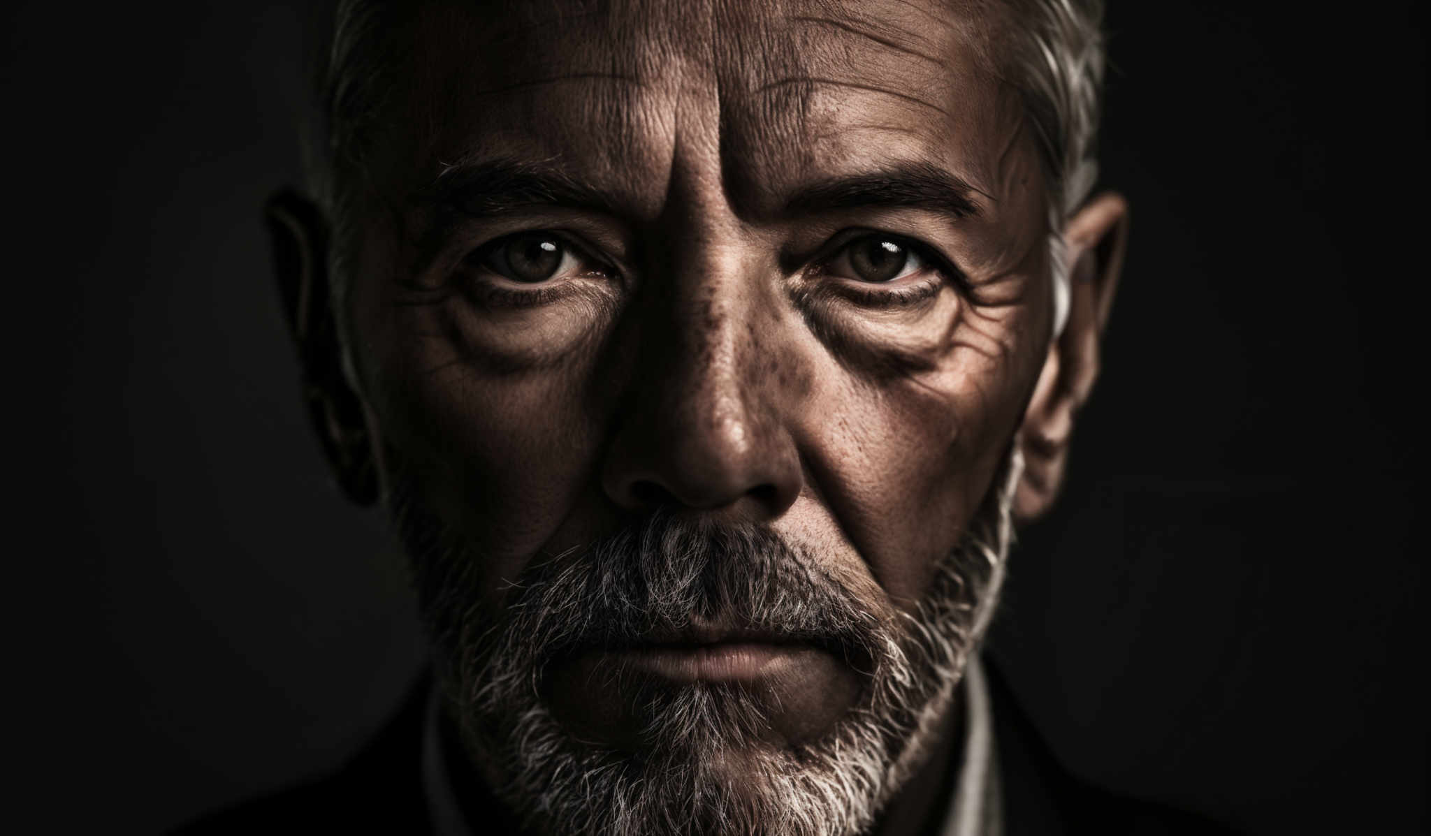 The image showcases a close-up portrait of an older man. The dominant colors are shades of brown, black, and white. The man has deep-set eyes, a prominent beard, and wrinkles on his face, indicating age and experience. The lighting is dramatic, with the left side of his face being illuminated more than the right, creating a chiaroscuro effect. The background is dark, putting emphasis on the subject's face.