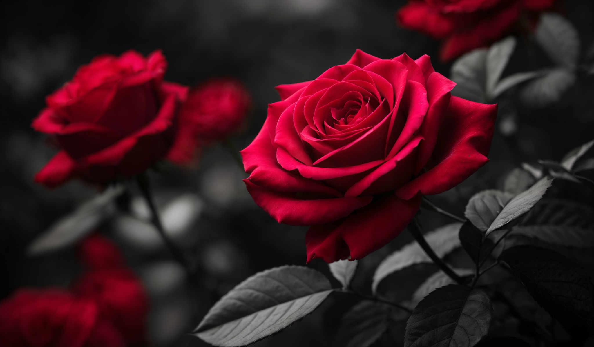 The image prominently features a vibrant red rose in the foreground. The rose is in full bloom, showcasing its intricate petal structure with a deep, rich hue. The petals are layered in a spiral pattern, revealing the rose's inner structure. The background is blurred, emphasizing the rose, and consists of other red roses and green leaves. The overall mood of the image is romantic and evocative, with the red rosery standing out against a monochromatic background.