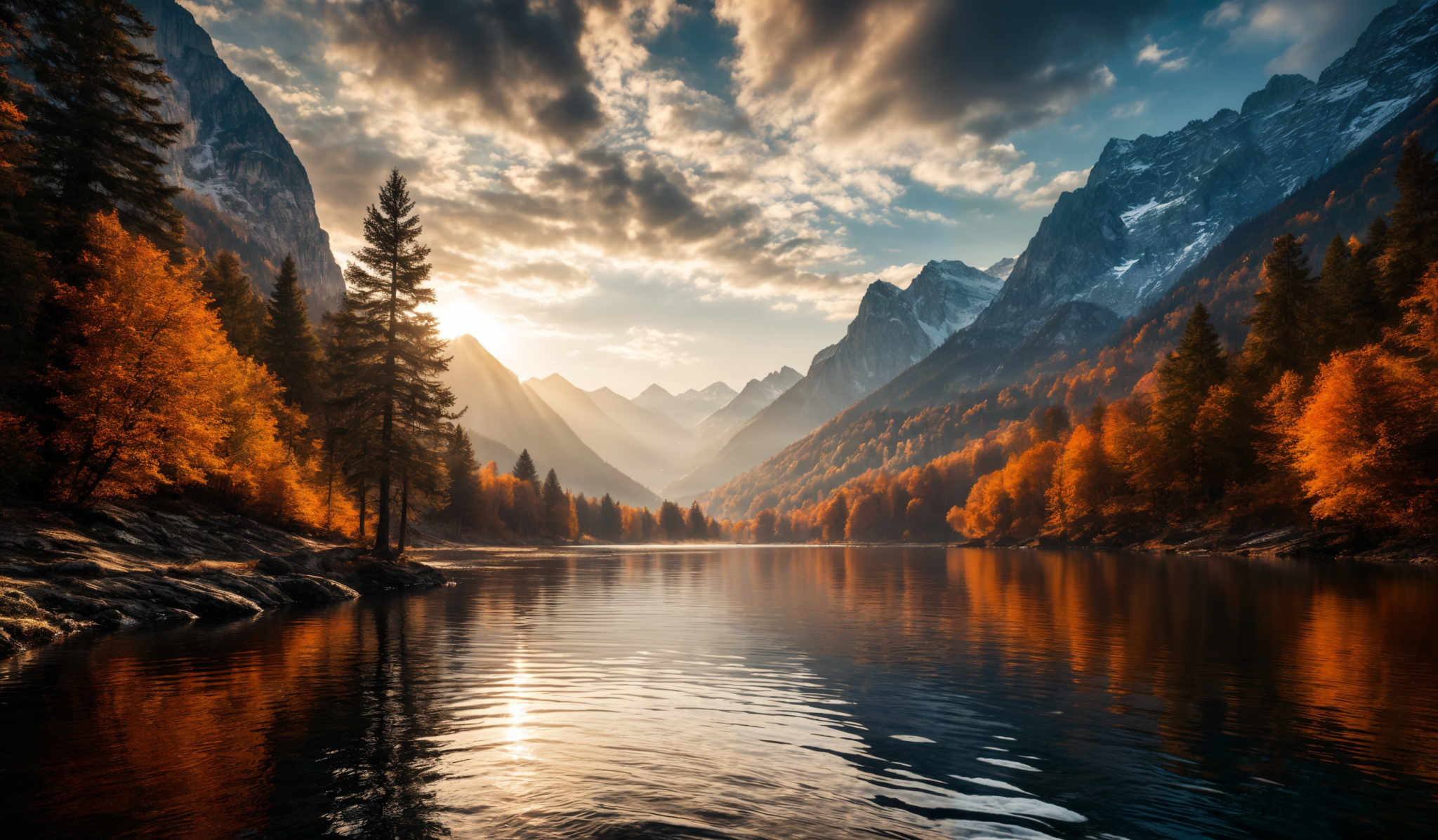 The image showcases a breathtaking landscape during what appears to be autumn. The dominant colors are the golden hues of the trees, contrasting with the deep blue of the water and the rugged gray of the mountains. The mountains are tall and majestic, with some of them having patches of snow on their peaks. The trees, primarily evergreens, are scattered around the water's edge, with a dense forest in the background. The water reflects the colors of the sky and the surrounding environment, creating a mirror-like effect. The sky is partly cloudy, with the sun casting a warm glow over the scene.