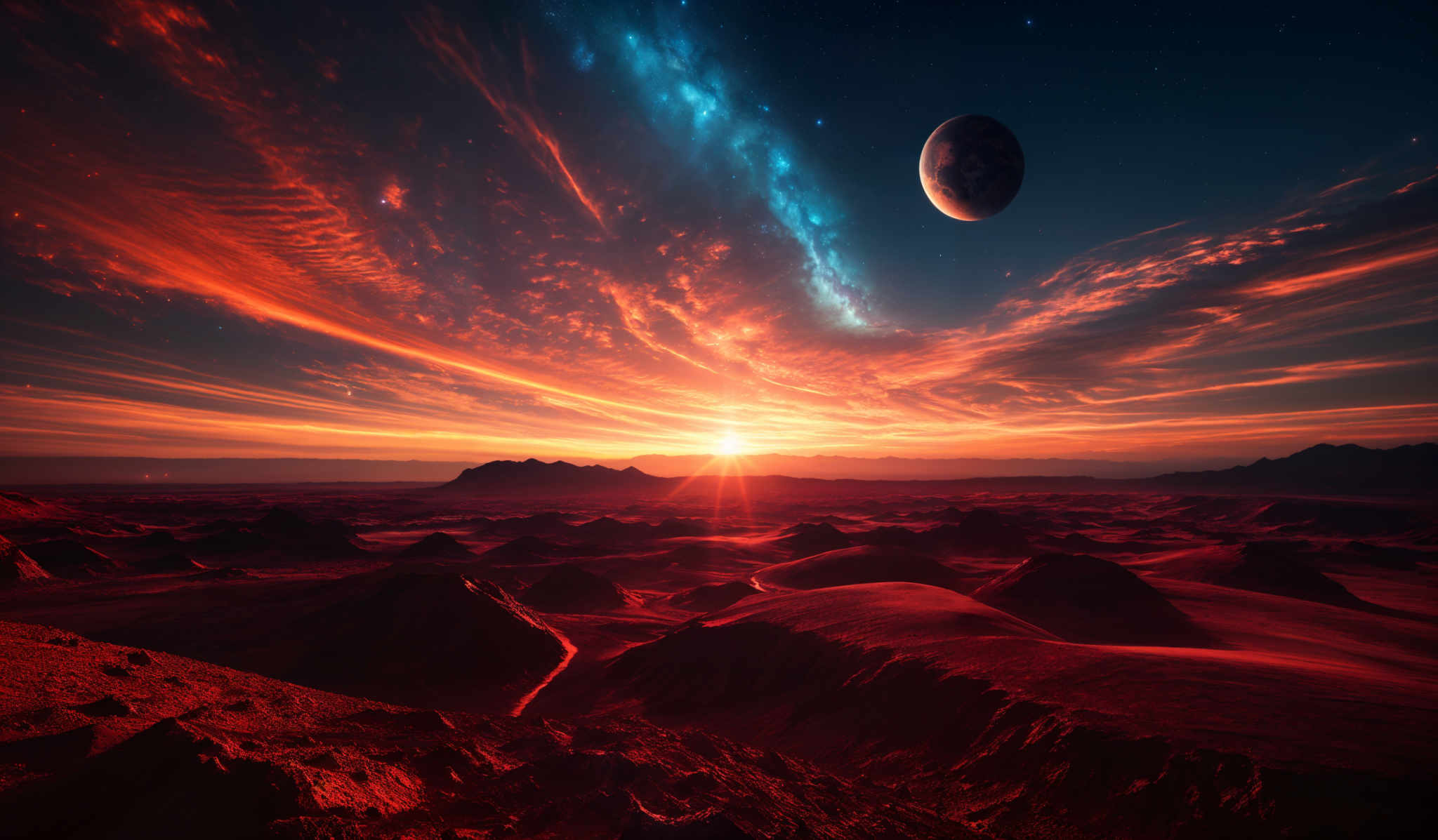 The image showcases a breathtaking celestial landscape. The sky is dominated by vibrant hues of red, orange, and blue, with swirling clouds that appear to be illuminated from below. A large, crescent-shaped moon is visible in the sky, accompanied by a smaller celestian body. The terrain below is rugged with undulating hills and valleys, all bathed in the same fiery glow. The horizon reveals a distant view of mountains, and the entire scene is set against a backdrop of a starry night sky.