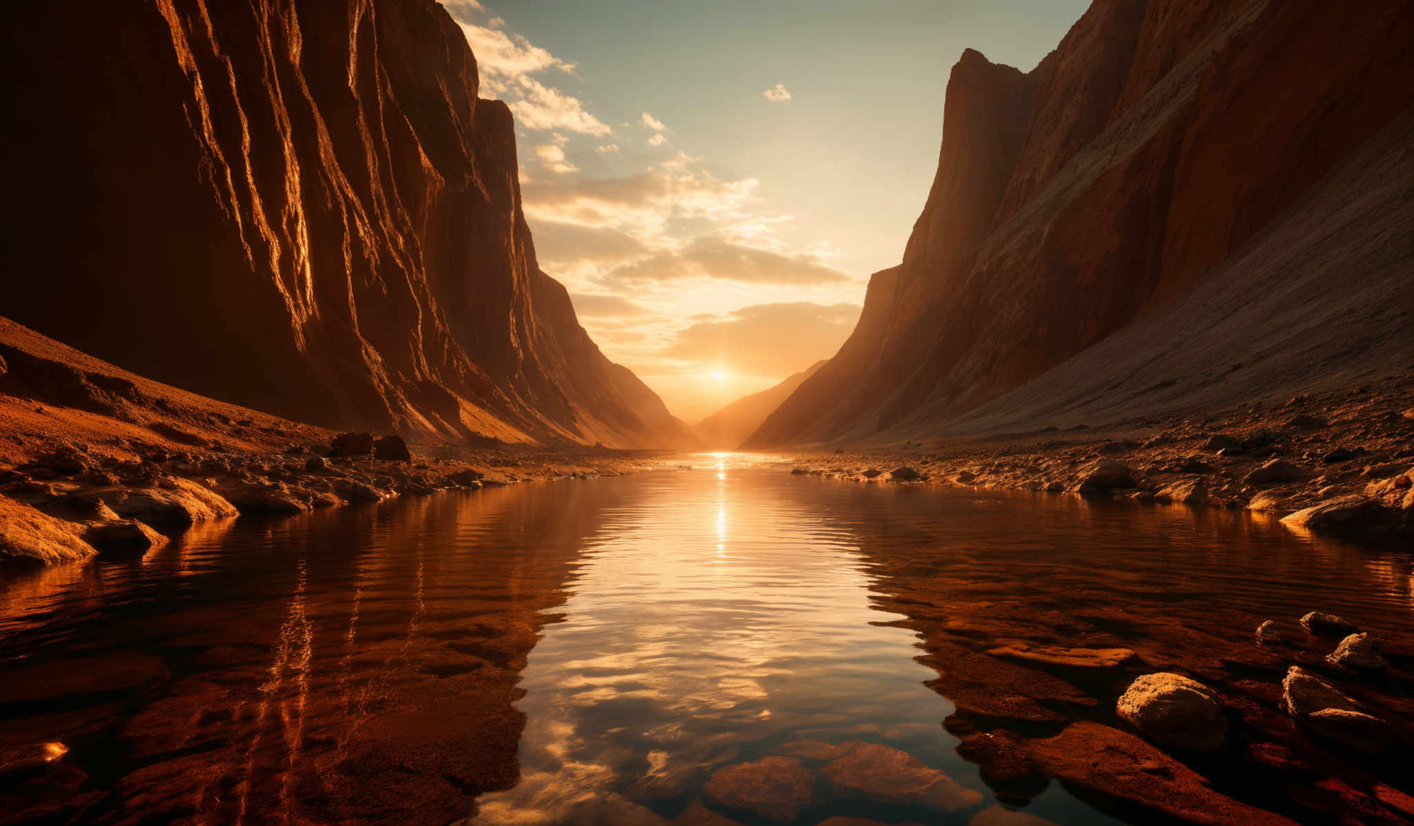 The image showcases a breathtaking landscape of a canyon with steep, rugged cliffs on both sides. The sun is setting or rising, casting a golden hue over the scene. The water in the canyON reflects the sky and the cliffs, creating a mirror-like effect. The cliffs are characterized by deep red and brown colors, indicative of rock formations that have been weathered over time. The bottom of the canoe has a rocky bed with some stones visible. The sky is painted with shades of orange, yellow, and blue, with a few scattered clouds.