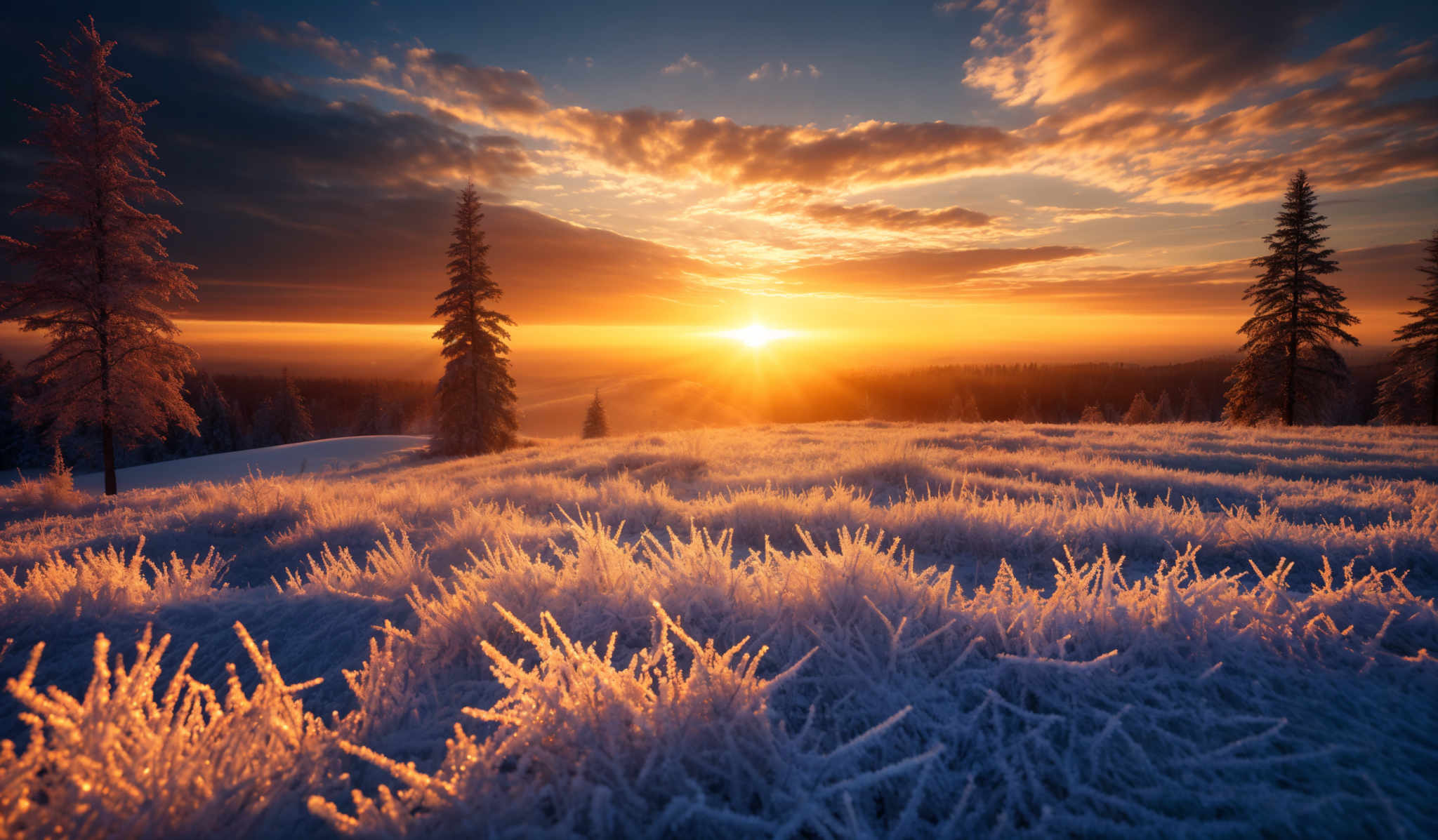 The image showcases a breathtaking winter landscape during sunset. The sky is painted with hues of orange, gold, and deep blue, with the sun setting in the distance, casting a warm glow. The clouds are scattered, with some appearing dark and others illuminated by the sun's rays. The ground is covered in a thick layer of frost, making the grass and plants appear as if they are made of crystals. Tall evergreen trees stand majestically in the foreground, their branches covered in snow. The horizon reveals a distant view of a forested area, and the overall ambiance is serene and tranquil.