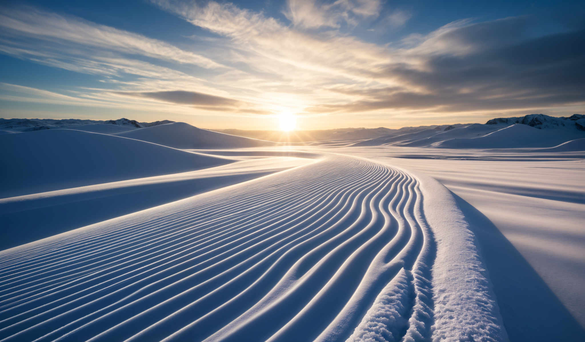 The image showcases a breathtaking snowy landscape during sunset. The sky is painted with hues of blue and gold, with streaks of clouds illuminated by the setting sun. The sun casts a warm glow over the snowy dunes, creating a contrast between the bright sky and the pristine white snow. The dunes have unique ridges, possibly formed by wind patterns, and the sun's rays create a beautiful play of shadows and light on these ridges. In the distance, mountain ranges can be seen, silhouetted against the golden horizon.