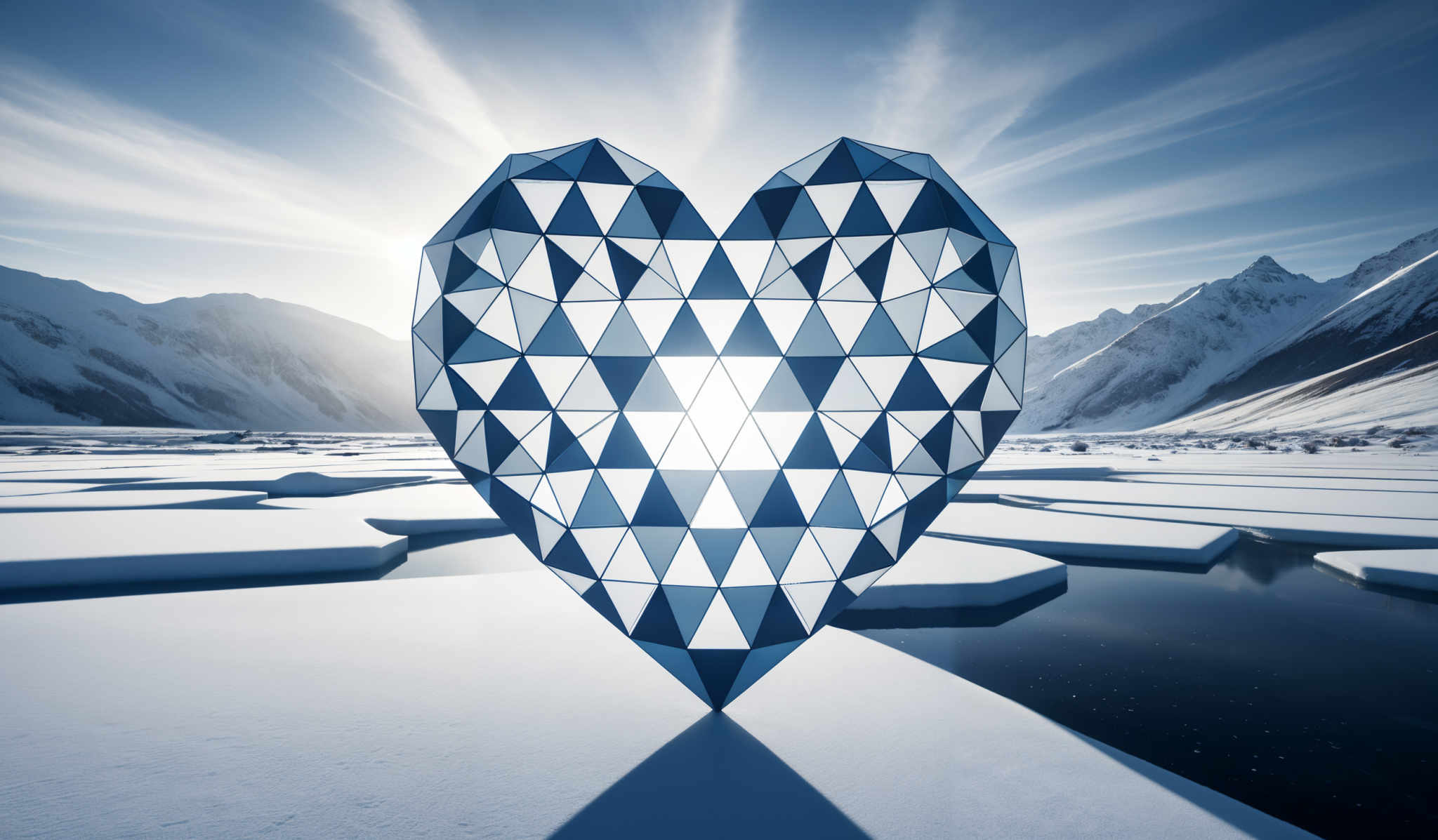 The image showcases a vast snowy landscape with mountains in the background. Dominating the foreground is a geometric, faceted heart shape made up of triangles. The heart is predominantly blue and white, with the blue representing the shadows and the white representing the light. The background features a serene sky with streaks of clouds, and there are patches of ice on the water below.