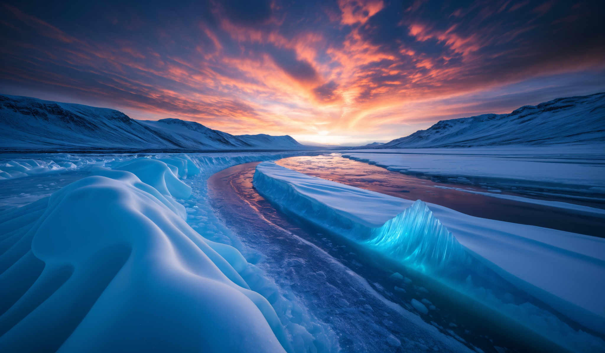 The image showcases a breathtaking landscape dominated by icy and snowy terrains. The sky is painted with vibrant hues of orange, red, and purple, suggesting either a sunrise or sunset. The foreground features a series of undulating, white, icy formations that resemble waves or dunes. These formations are juxtaposed against a clear, reflective body of water that mirrors the colors of the sky. In the distance, towering snow-covered mountains rise, their peaks shrouded in shadows. The overall ambiance of the image is serene, yet awe-inspiring, capturing the raw beauty of a polar or tundra environment.