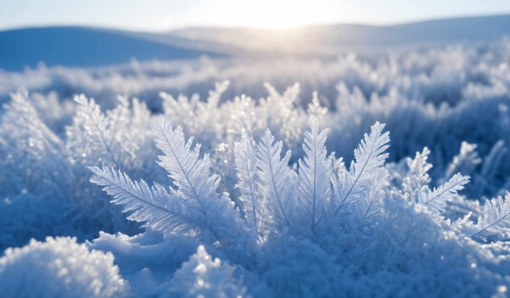 The image showcases a breathtaking winter landscape. The dominant colors are shades of blue and white, representing the cold and frozen environment. The shape is intricate, with delicate frost formations resembling feathers or leaves, densely packed together. These formations are crystalline and shimmer under the sunlight, creating a mesmerizing effect. The background reveals a serene snowy landscape with gentle hills or mountains, bathed in a soft glow from the setting or rising sun.