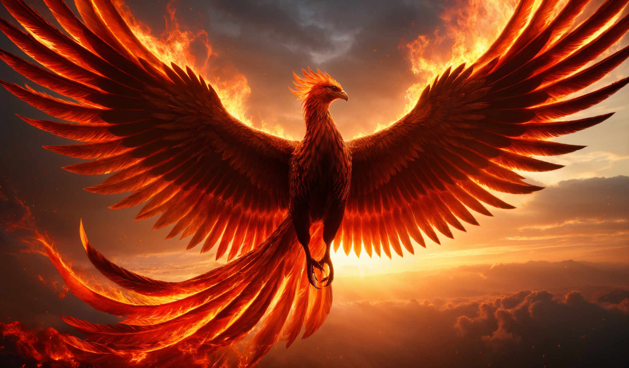 The image showcases a majestic bird, which appears to be a phoenix, in mid-flight. The bird's wings are spread wide, displaying a vibrant and fiery orange-red hue, reminiscent of flames. The feathers are intricately detailed, with each one reflecting the intense heat and light. The background is dramatic, with dark clouds looming and a bright sun or moon peeking through, casting a golden glow on the scene. The phoenaic bird' s tail is also ablaze, with fiery tendrils trailing behind.