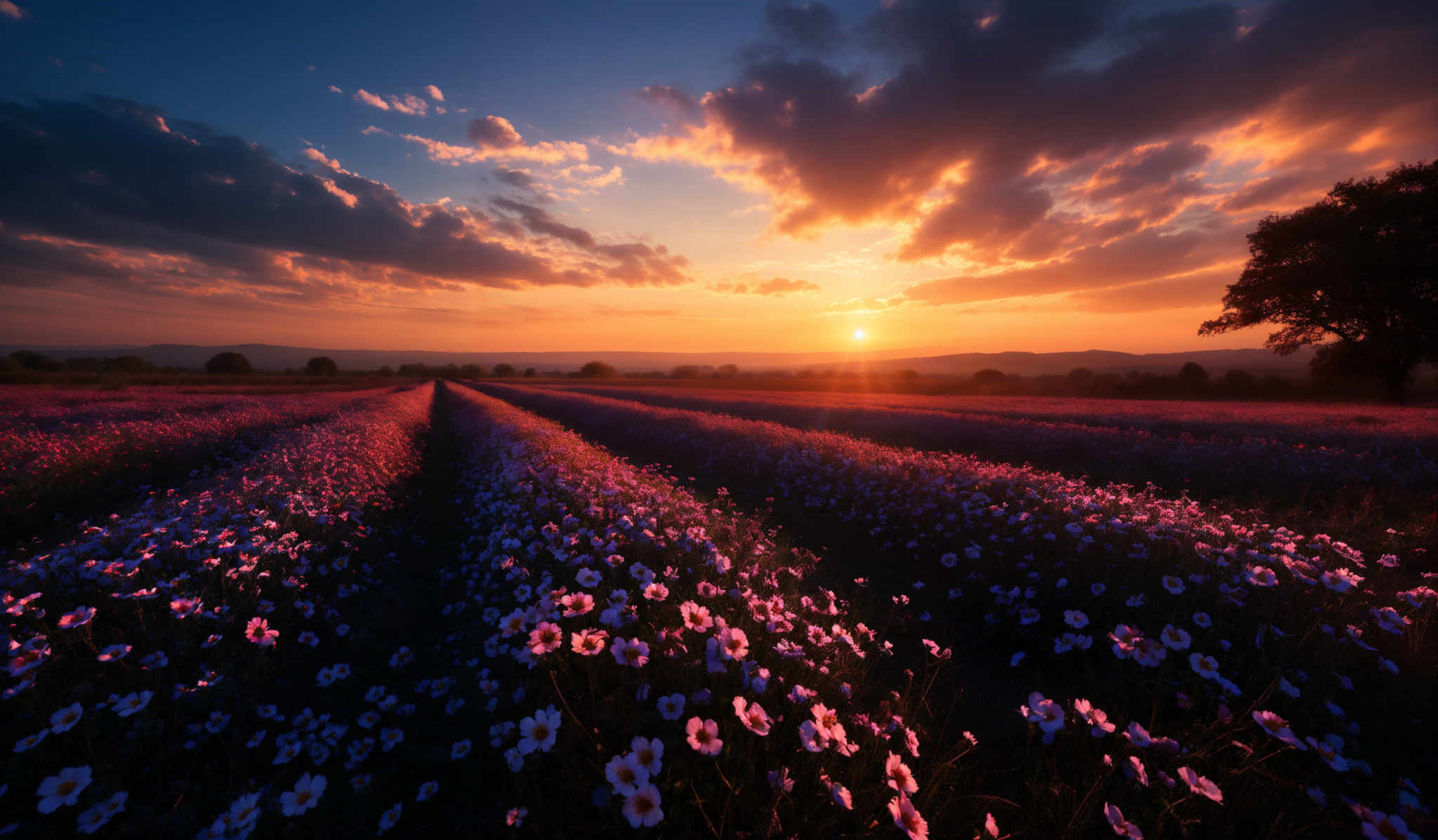 The image showcases a breathtaking landscape during sunset. The sky is painted with hues of orange, yellow, and blue, with dramatic clouds casting shadows on the horizon. The sun is nearing the horizon, casting a golden glow. Below, a vast field of flowers, possibly lavender, stretches out in neat rows, with each flower exhibiting a purple hue with white centers. The field seems to converge towards a solitary tree on the right, which stands tall and silhouetted against the vibrant backdrop. The overall scene exudes a sense of tranquility and natural beauty.