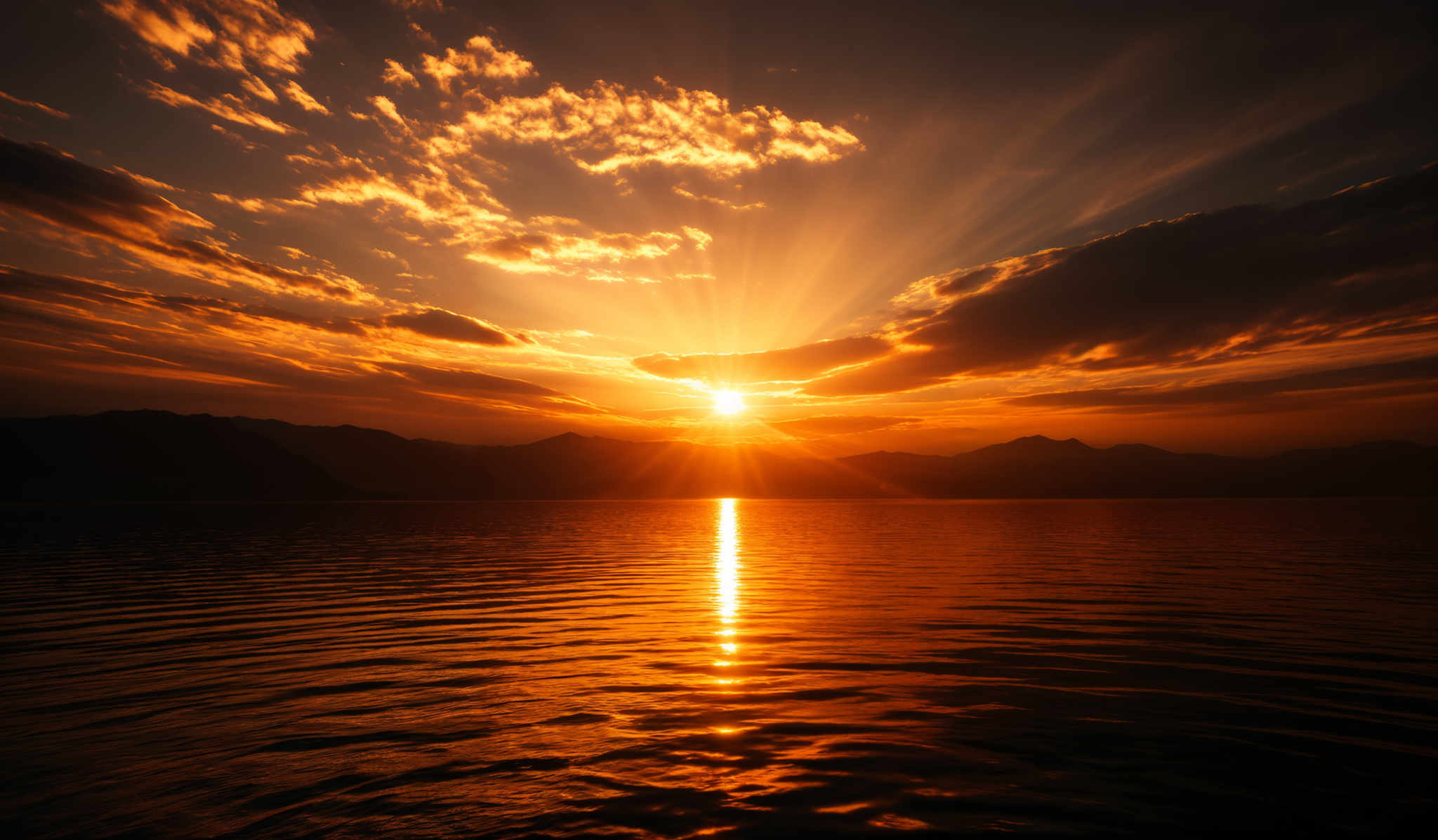 The image showcases a breathtaking sunset over a calm body of water. The sun is positioned near the horizon, casting a golden hue across the sky. The sky is adorned with a mix of dark and light clouds, with the darker clouds appearing more dense and the lighter ones scattered, reflecting the sun's light. The water below mirrors the sky's colors, with shimmering golden reflections and subtle ripples. In the distance, silhouettes of mountain ranges can be seen, adding depth to the scene.