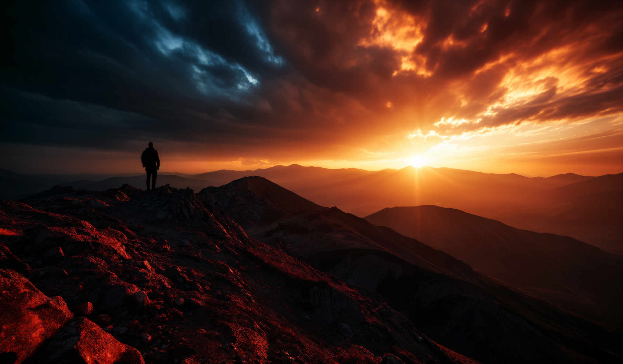 The image showcases a breathtaking sunset over a mountainous landscape. The sky is painted with hues of orange, gold, and deep blue, with dramatic cloud formations illuminated by the setting sun. The sun itself is a brilliant golden orb, casting a warm glow over the scene. In the foreground, rugged mountain terrain is visible, with sharp rocks and uneven surfaces. A silhouette of a person stands atop one of the peaks, gazing out over the vast expanse of the valley below. The person's form is dark against the bright backdrop, emphasizing their solitude and the grandeur of the natural world around them.